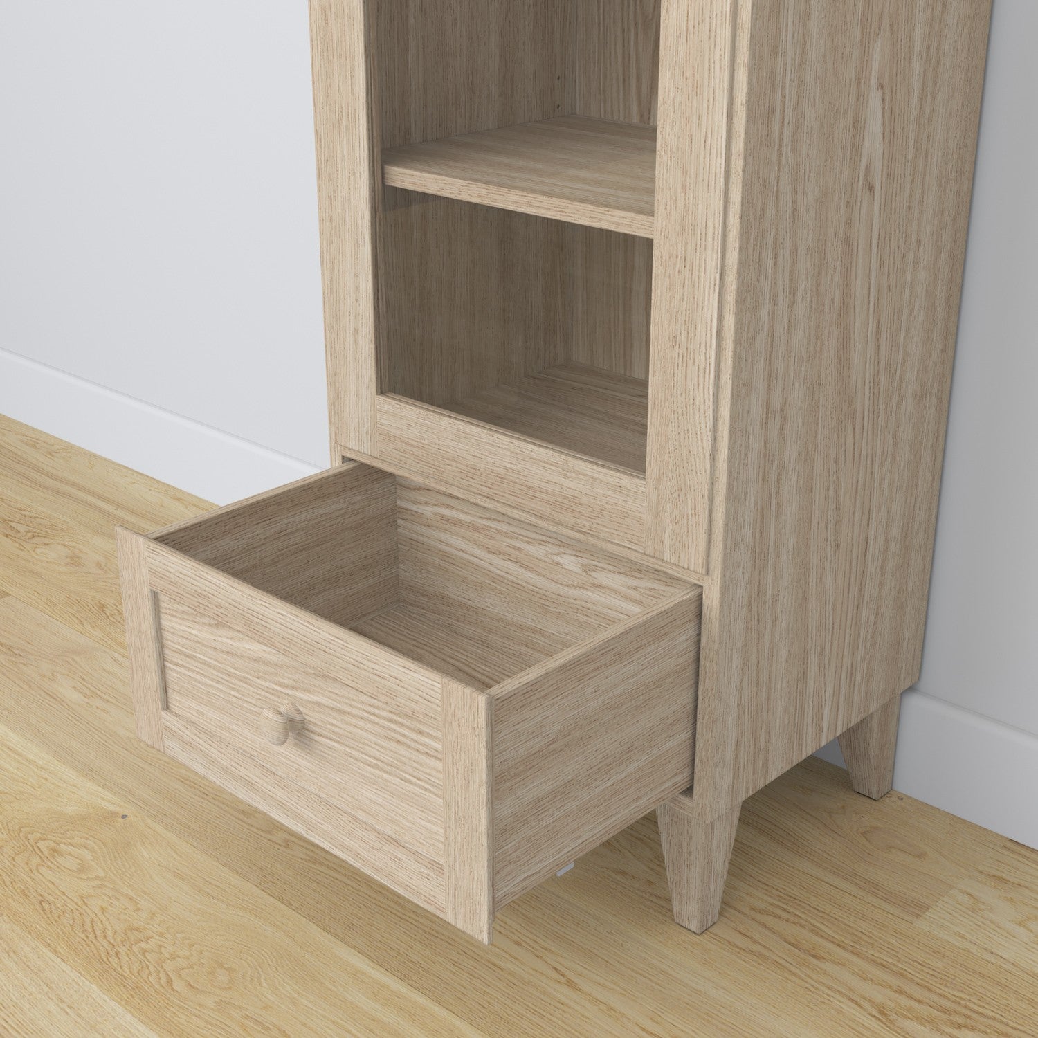 Vitrine 1S 57 gebleichte Eiche aus Eichenholz – Seitenansicht, Tiefe und Profil