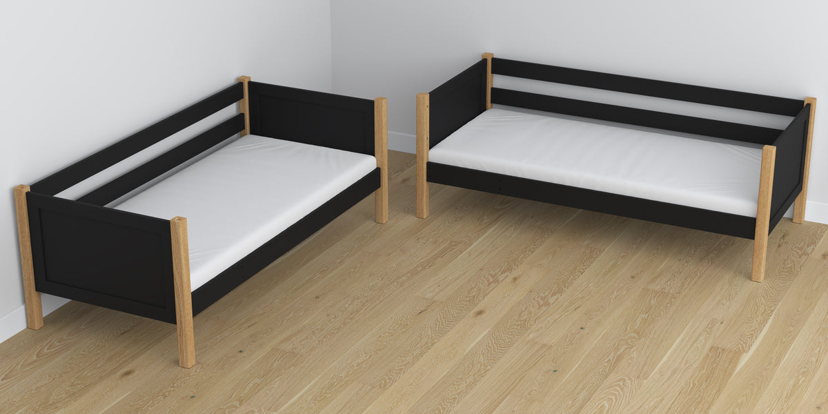 Etagenbett schwarz-eiche – Holzrahmen mit Latten, Matratzen-Schublade