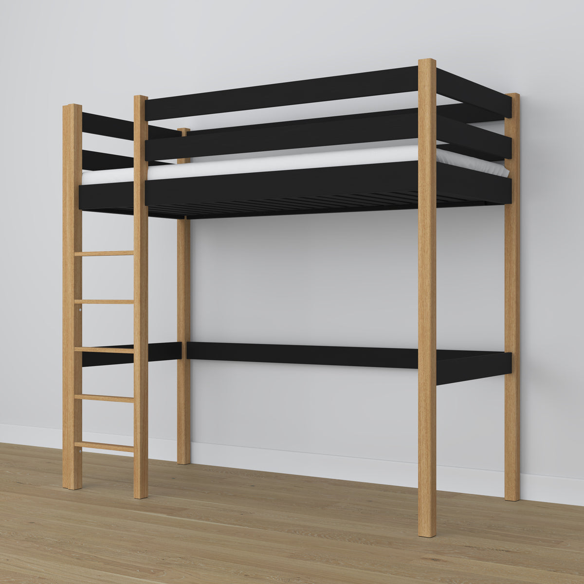Loft bed black/oak wooden – top view of the sleeping area