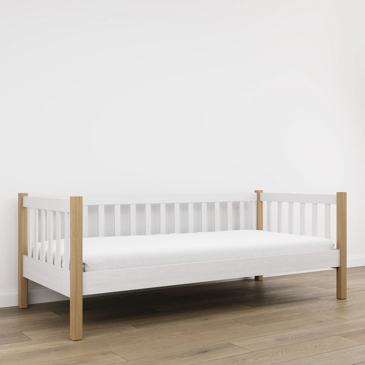 Łóżko sofa N03 biały / dąb naturalny – widok z boku, solidna konstrukcja drewniana