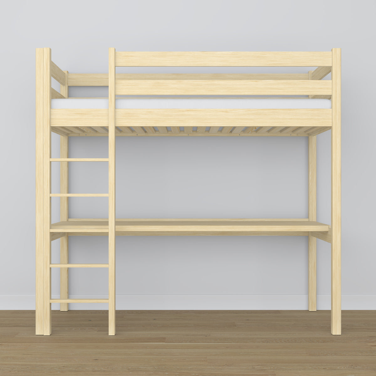 Hochbett Kiefer farblos mit Schreibtisch – Lernen unter dem Schlafbereich, Holz