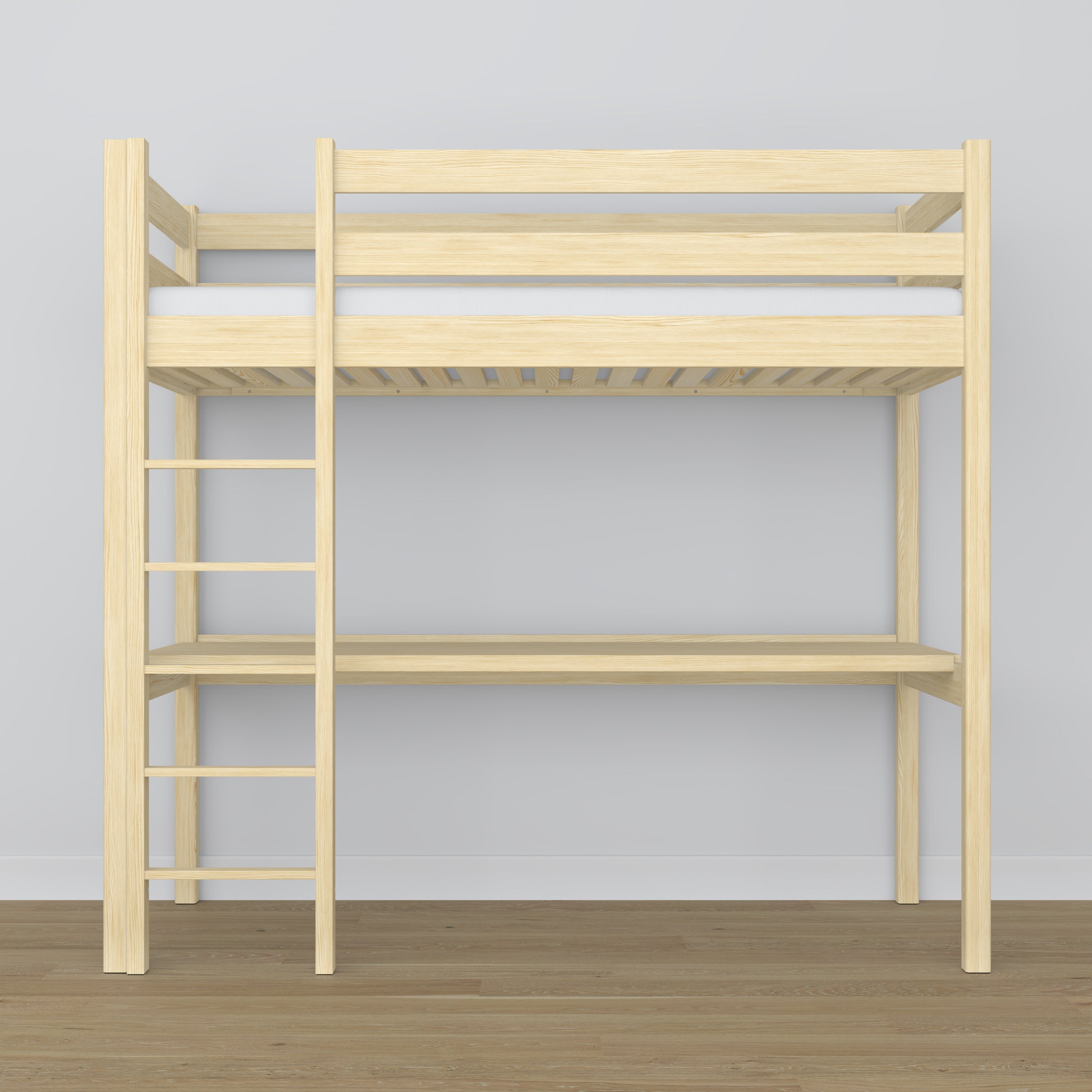Hochbett Kiefer farblos mit Schreibtisch – Lernen unter dem Schlafbereich, Holz