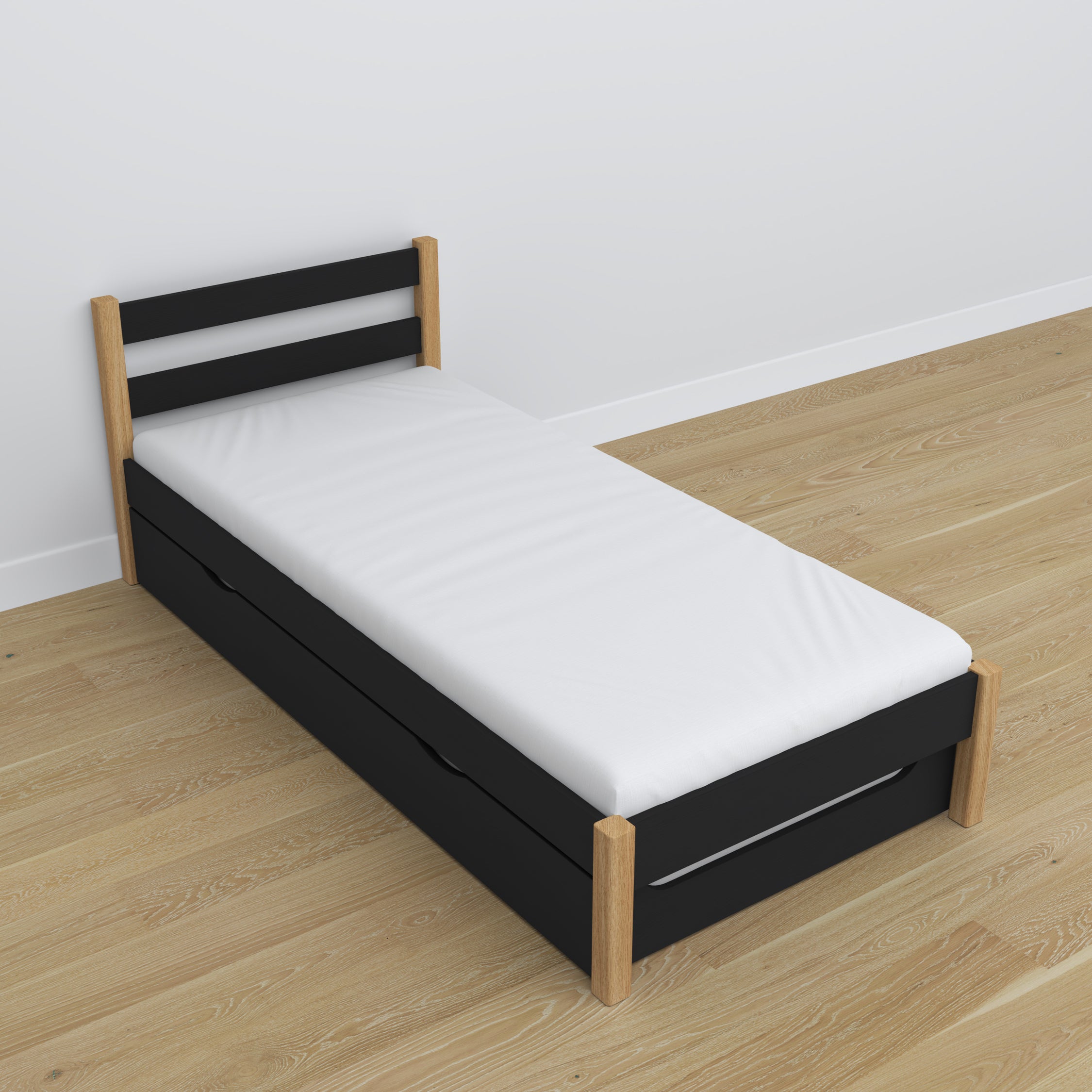 Bett Schwarz-Eiche – Schublade für Matratze, Details aus Holz, Nizio Home