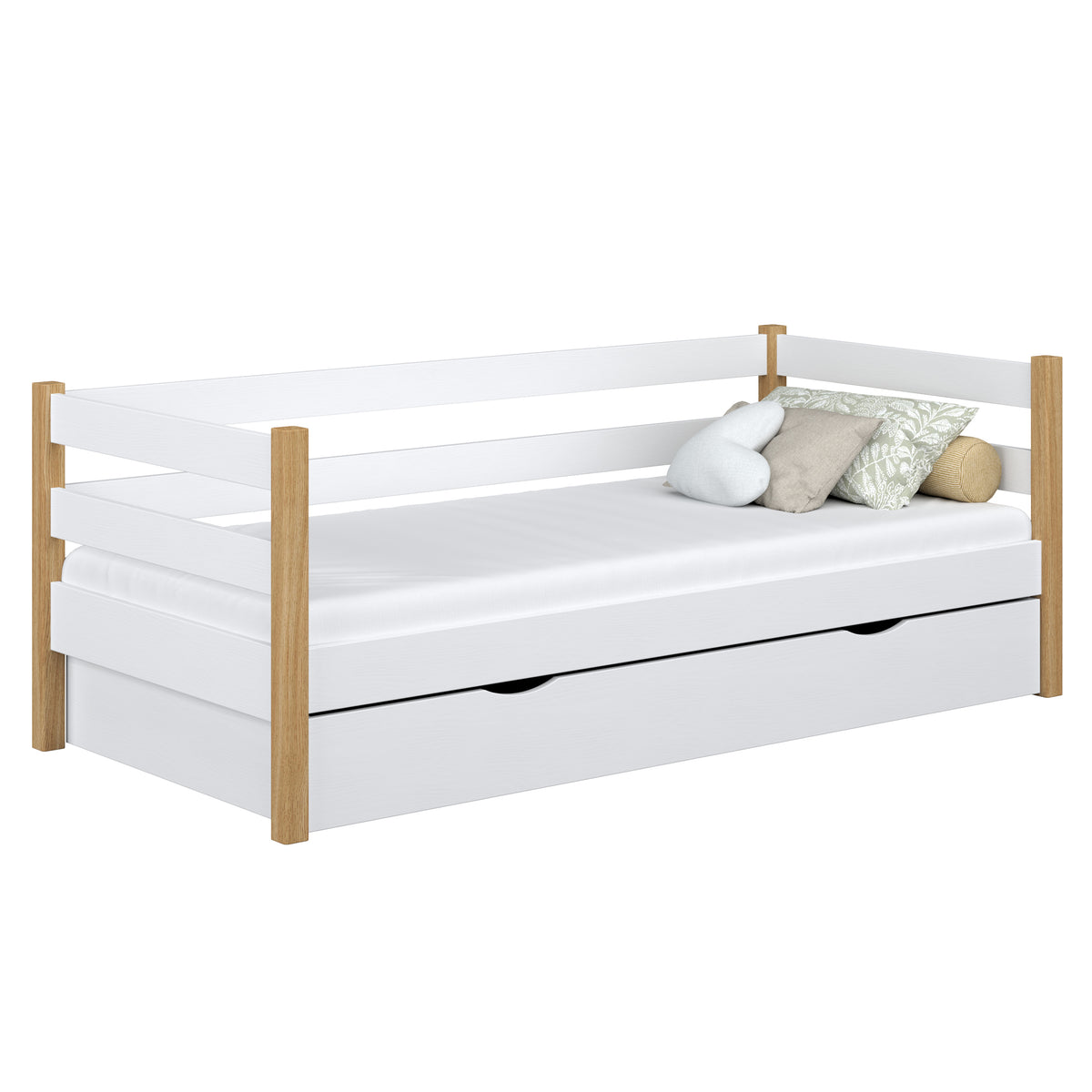 Sofa-Bett weiß-Eiche – seitliche Schutzbarriere Holz, Seitenansicht, Nizio
