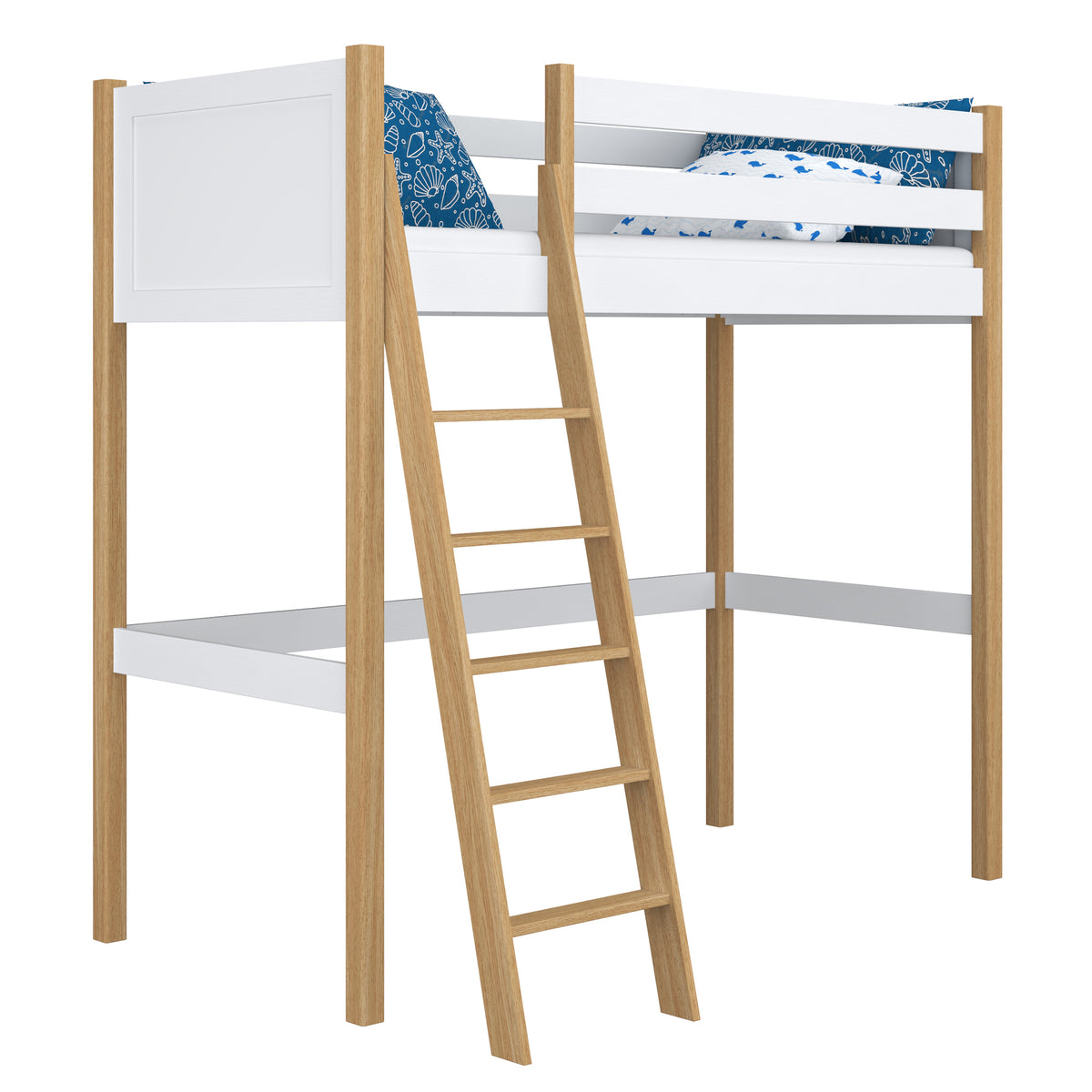 Hochbett aus Holz, Weiß-Eiche – Kinderzimmer, Massivholz, Scandi-Stil