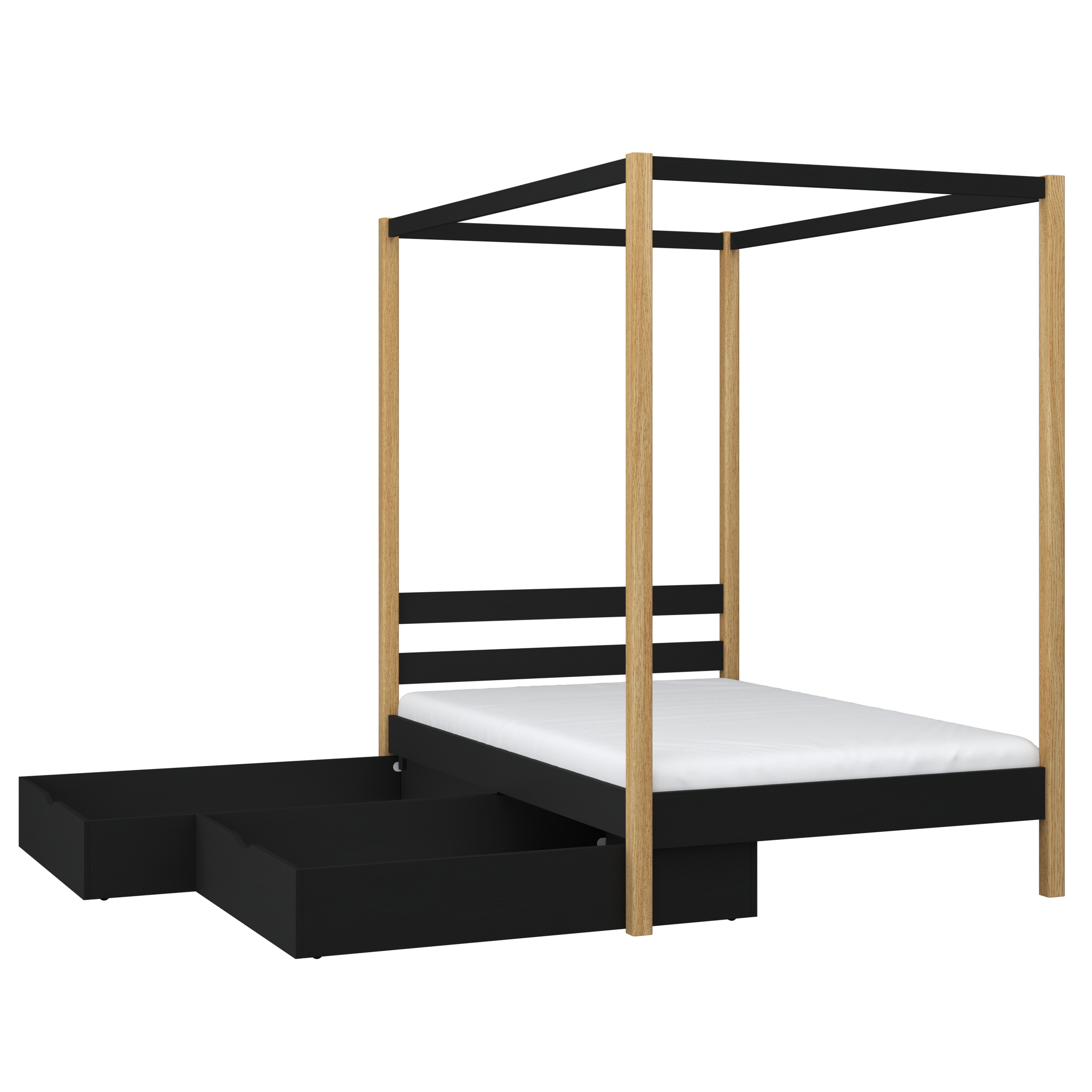 Bett Schwarz-Eiche mit Baldachin – Details aus Holz und Verbindungen, Nizio Home