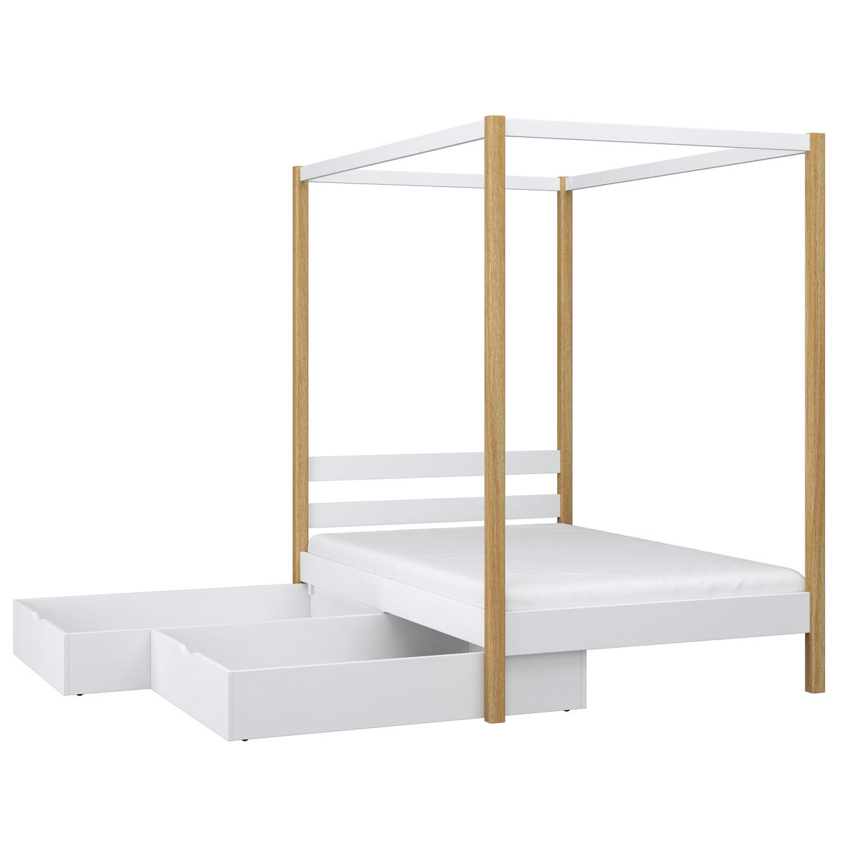 Bett Weiß-Eiche mit Baldachin – Holzdetails und Verbindungen, Nizio Home