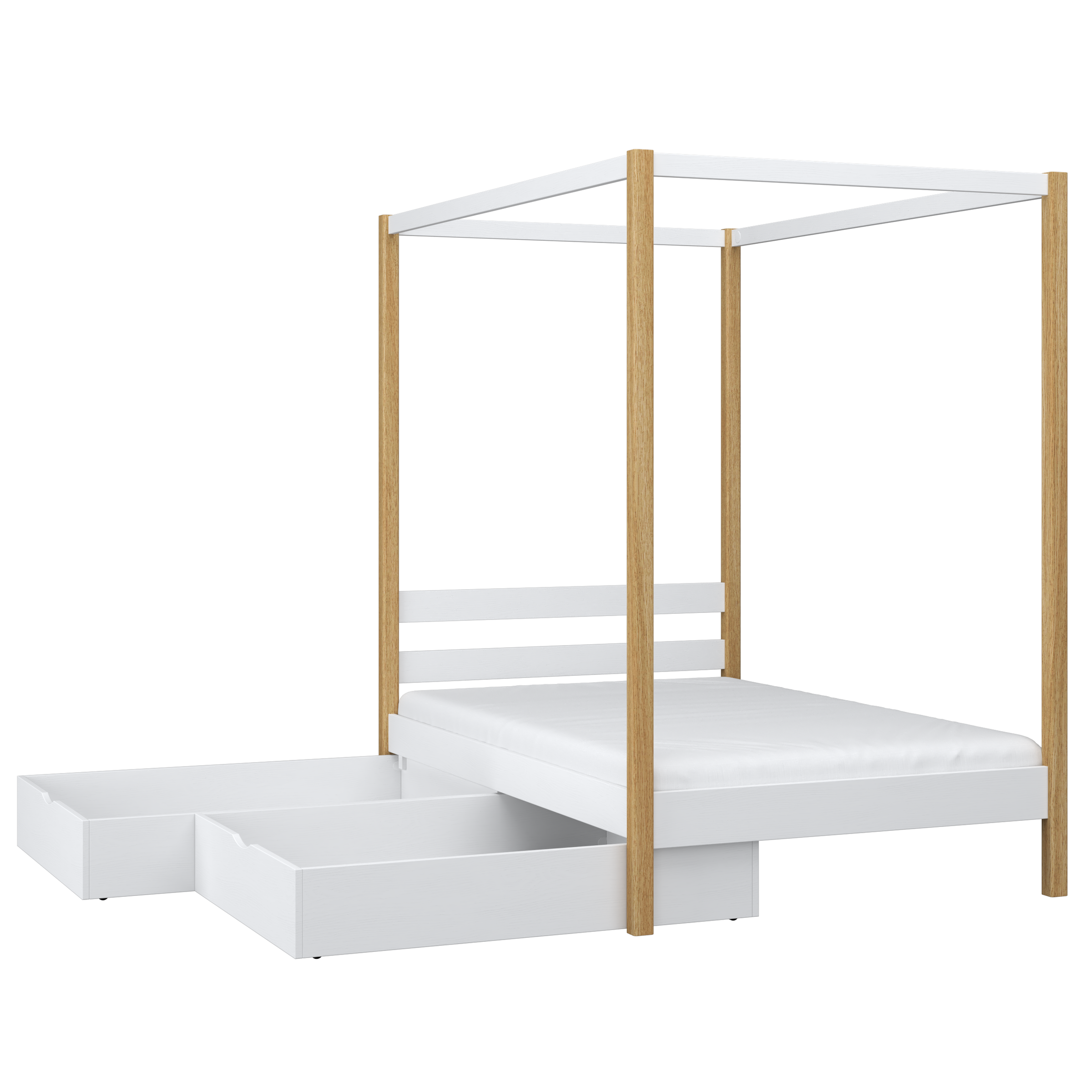 Bett Weiß-Eiche mit Baldachin – Holzdetails und Verbindungen, Nizio Home