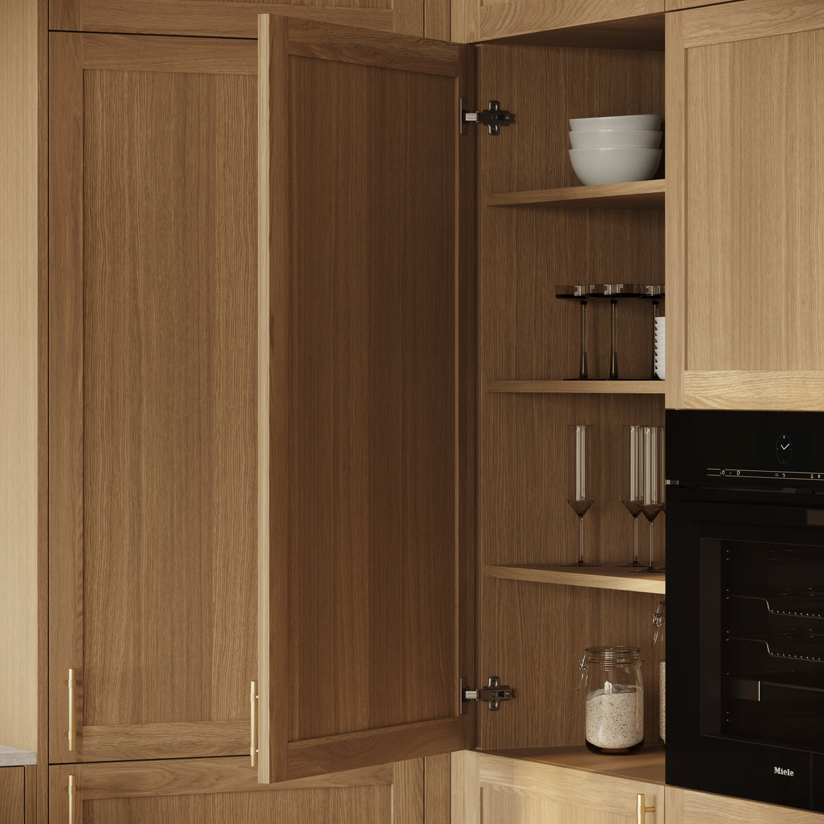 Oak front panels Nizio – kitchen with coffee machine, minimalist arrangement