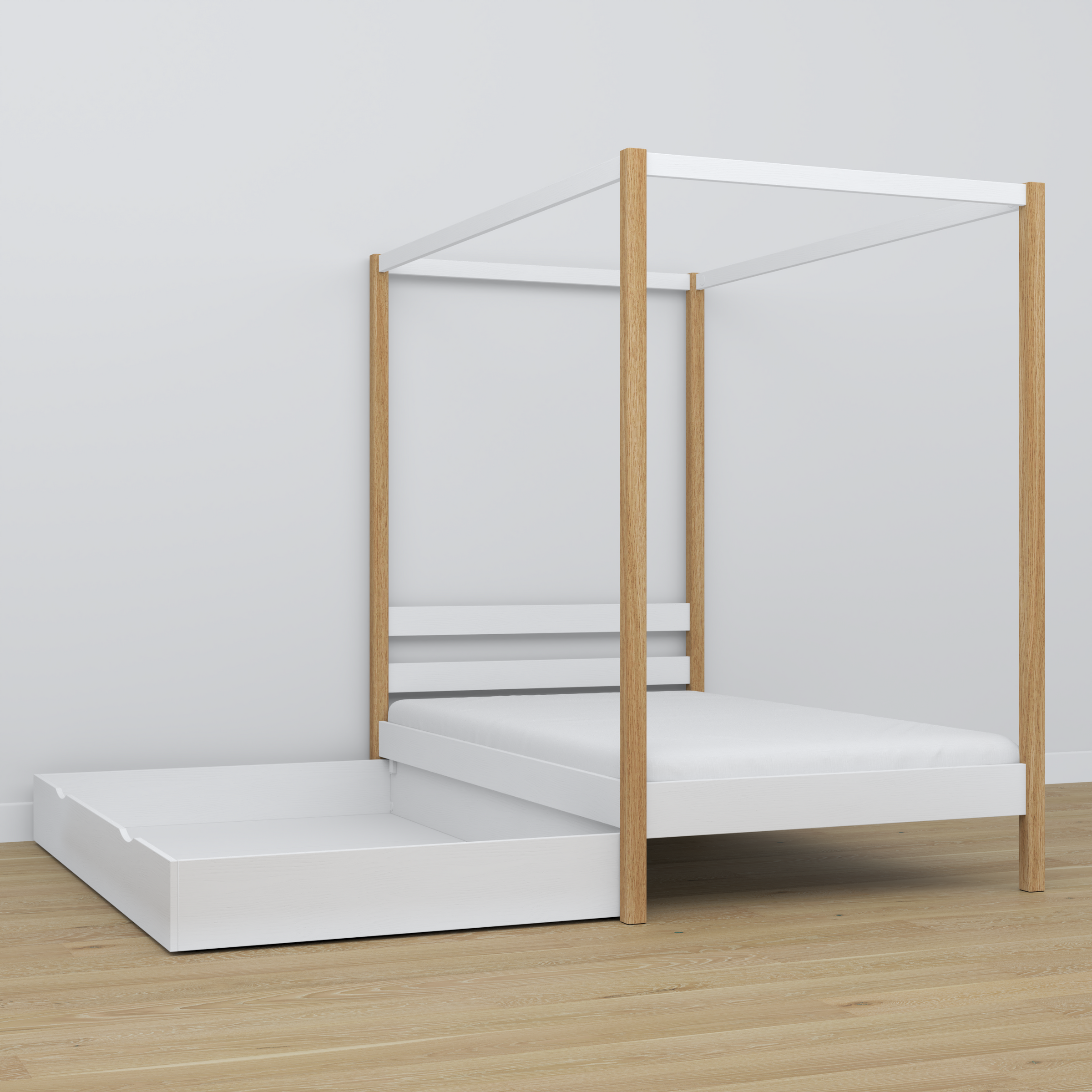 Himmelbett aus Holz, Weiß-Eiche im Kinderzimmer – Scandi-Einrichtung