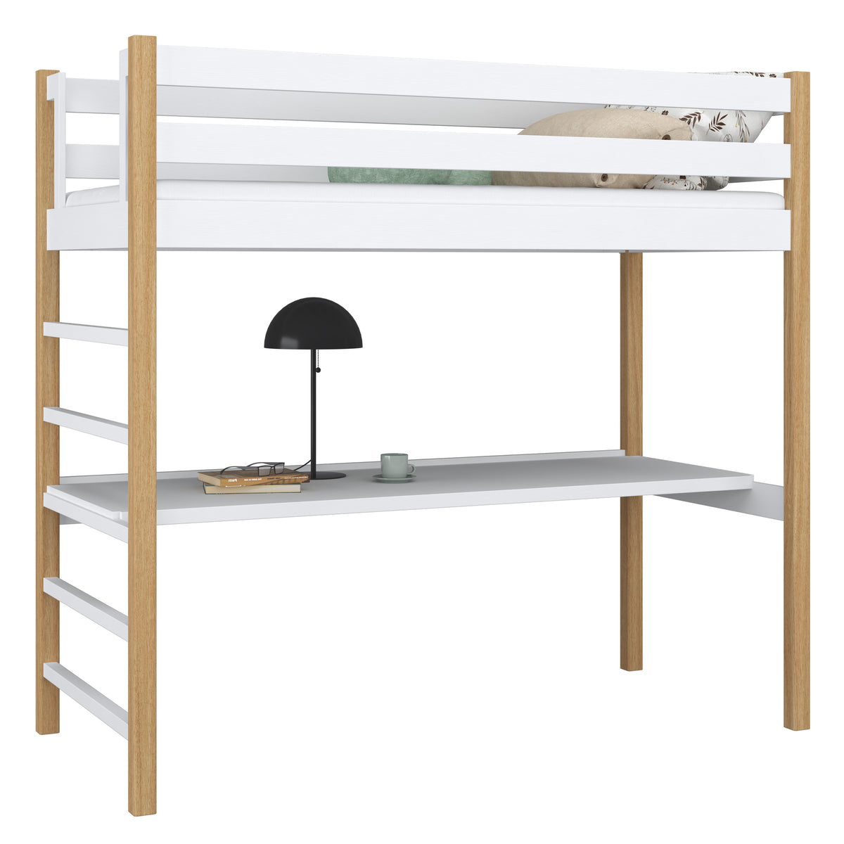 Hochbett mit Schreibtisch aus Holz weiß-eiche – Kinderzimmer, scandi Nizio