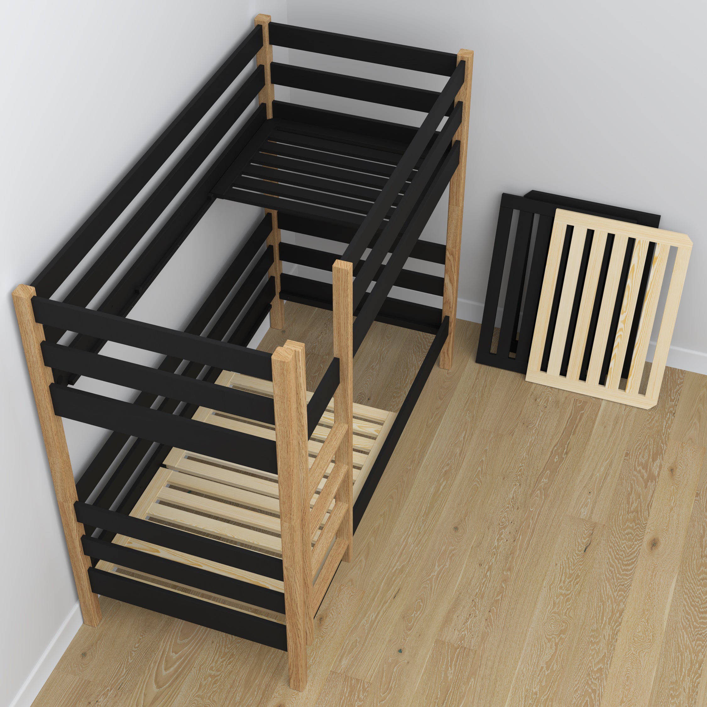 Etagenbett mit Schublade Schwarz-Eiche aus Holz – skandinavisches Design, Nizio