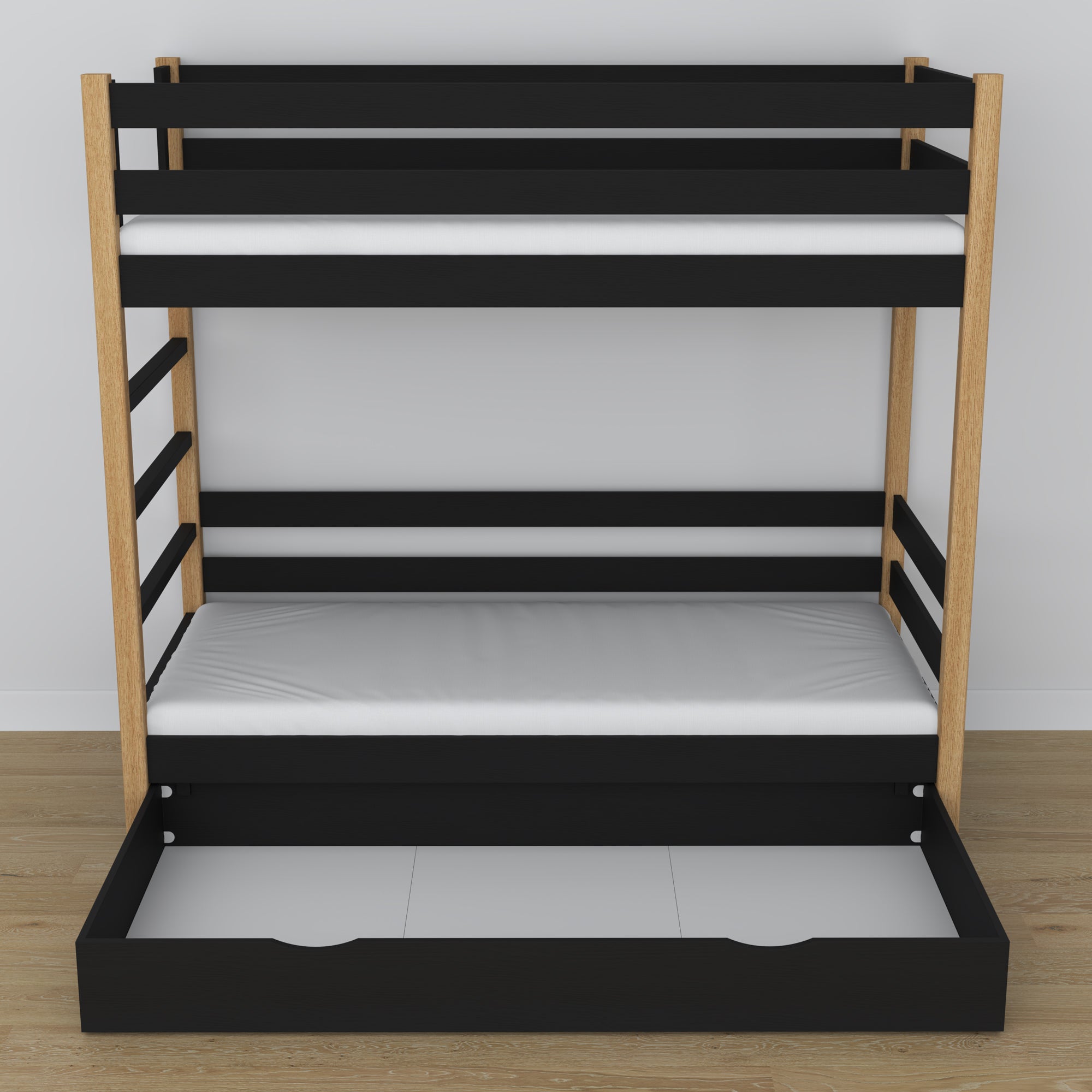 Holz-Etagenbett schwarz-eiche mit Schublade – Maße und Schema, Nizio