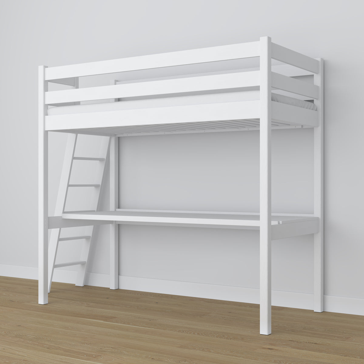 Łóżko na antresoli z biurkiem N02 biały – widok z góry na materac