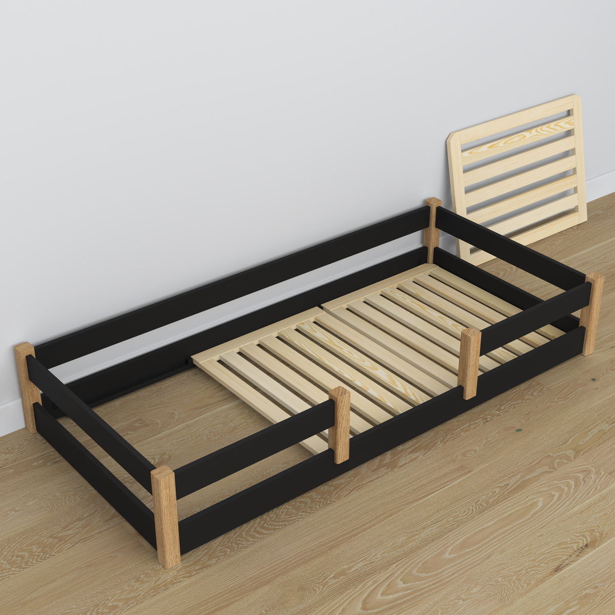 Wooden low bed N01 black / oak