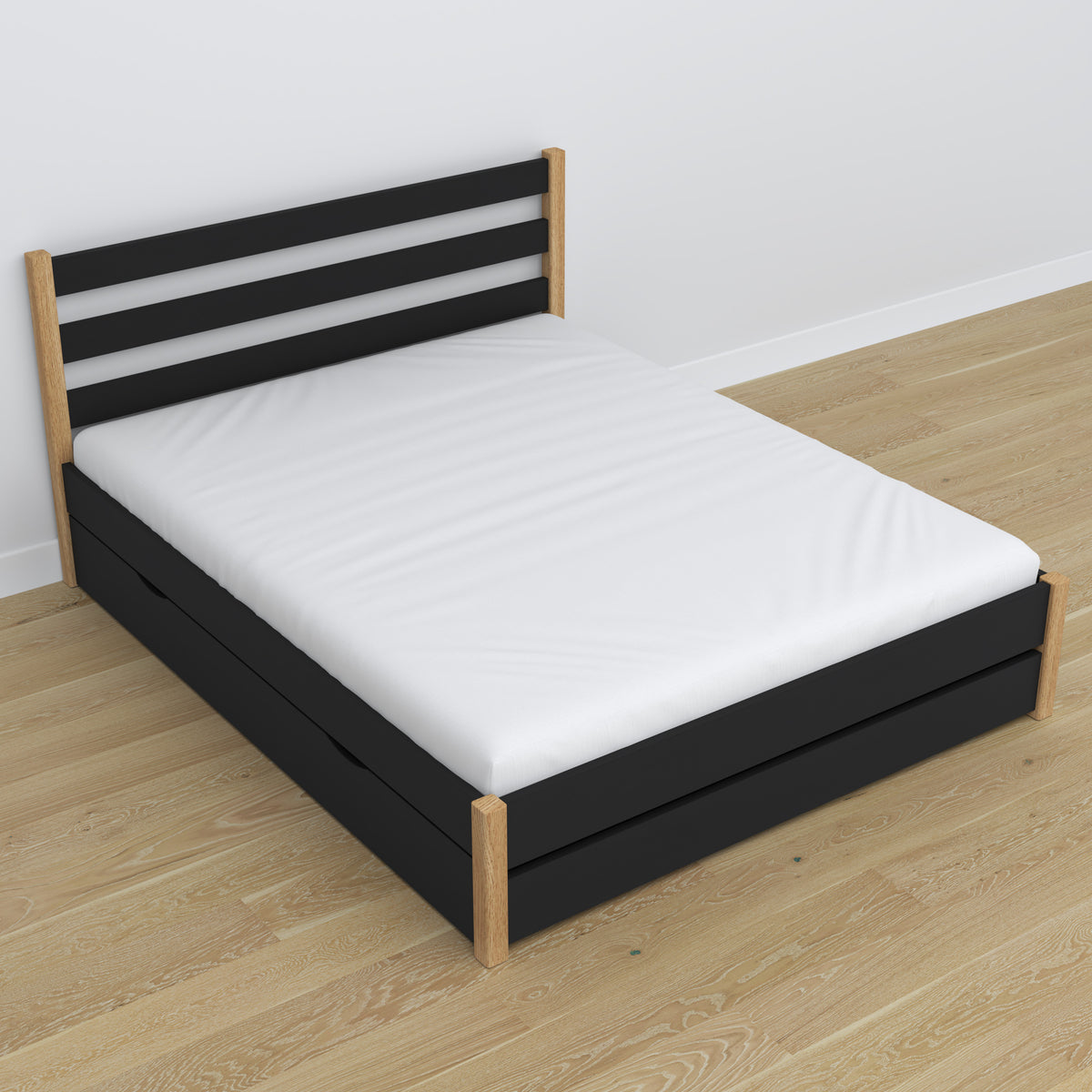 Doppelbett Schwarz mit Eiche – Holzbeine und Holzsockel, Nahaufnahme