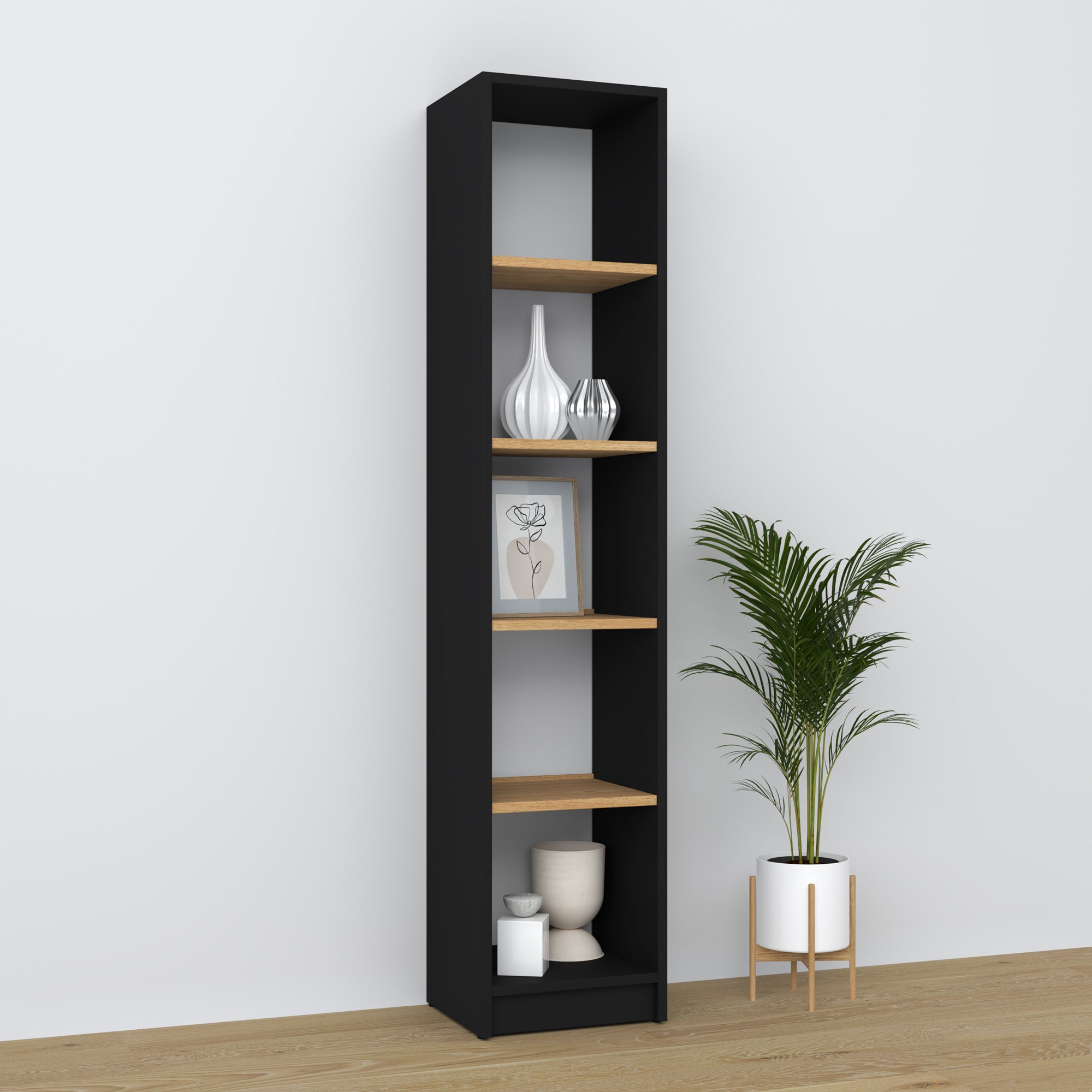 Regal Holz Schwarz-Eiche – Wohnzimmer und Arbeitszimmer, Massivholz, skandinavischer Stil Nizio