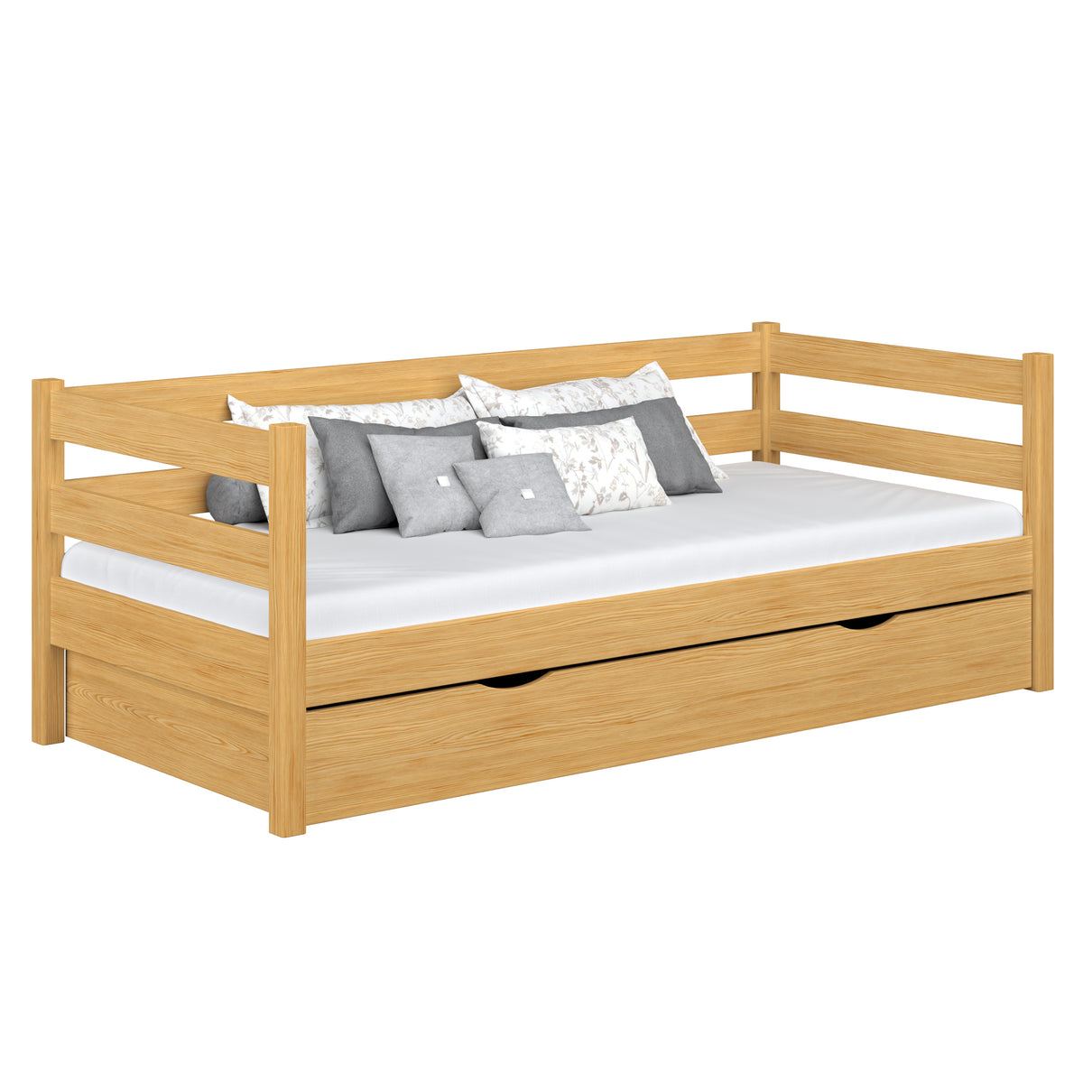 Drewniane łóżko sofa z szufladą N01 sosna naturalna – widok ogólny, lite drewno sosnowe