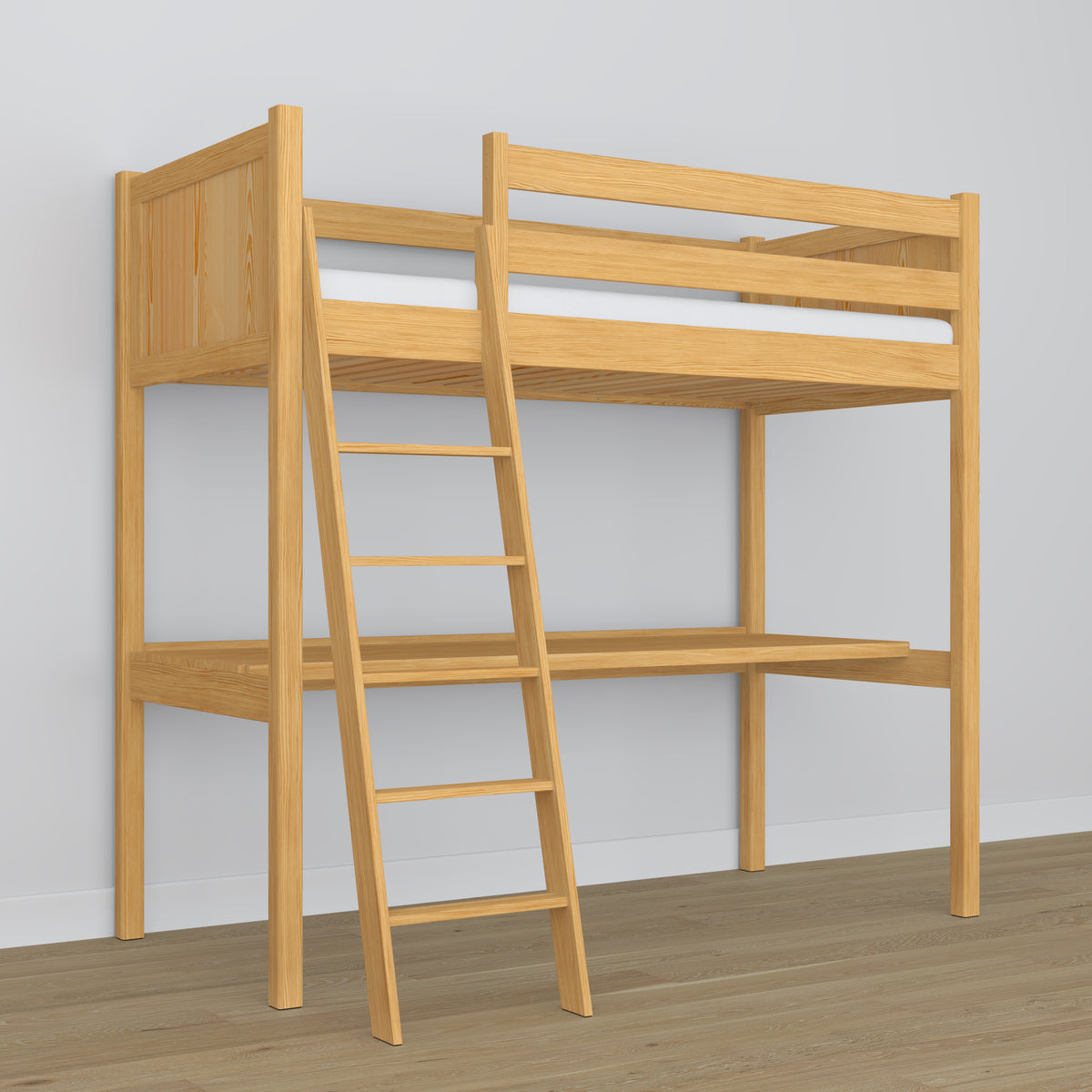 Hochbett mit Schreibtisch aus Holz Kiefer natur – Leiter und Schutzgeländer