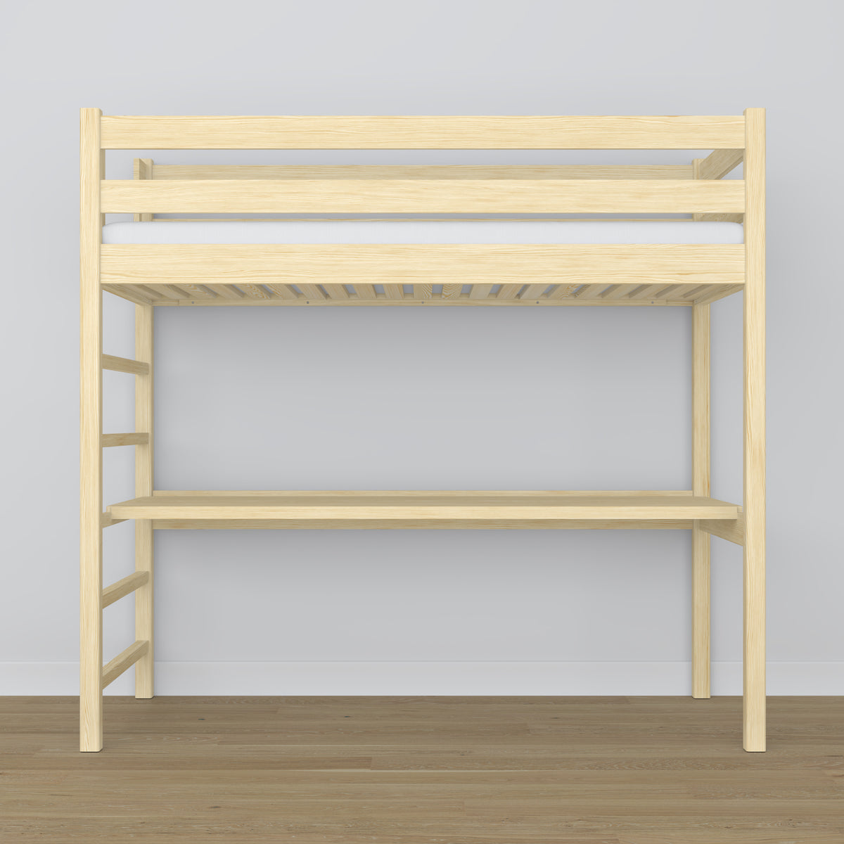Hochbett Kiefer farblos aus Holz – Draufsicht auf den Schlafbereich, Nizio