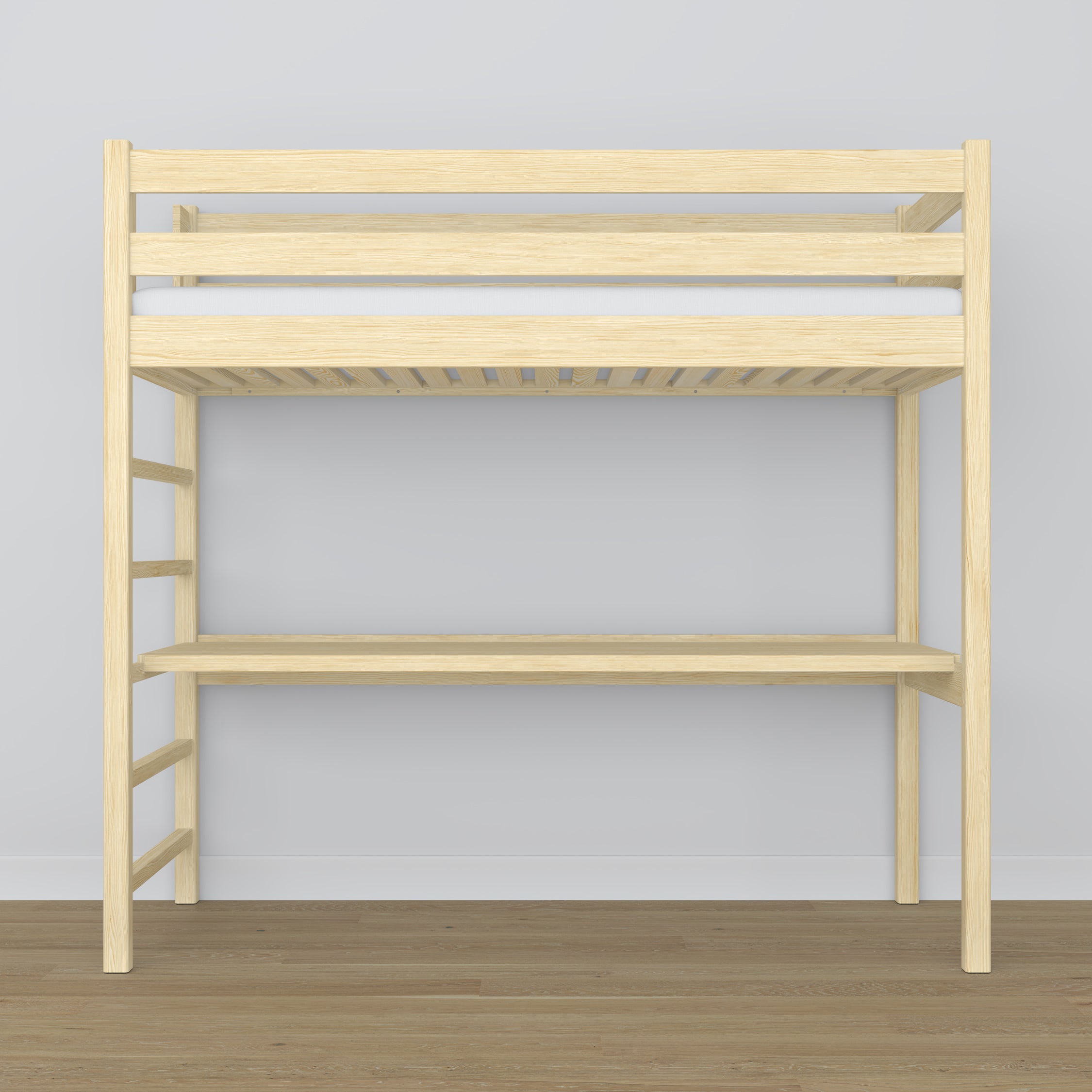 Hochbett Kiefer farblos aus Holz – Draufsicht auf den Schlafbereich, Nizio
