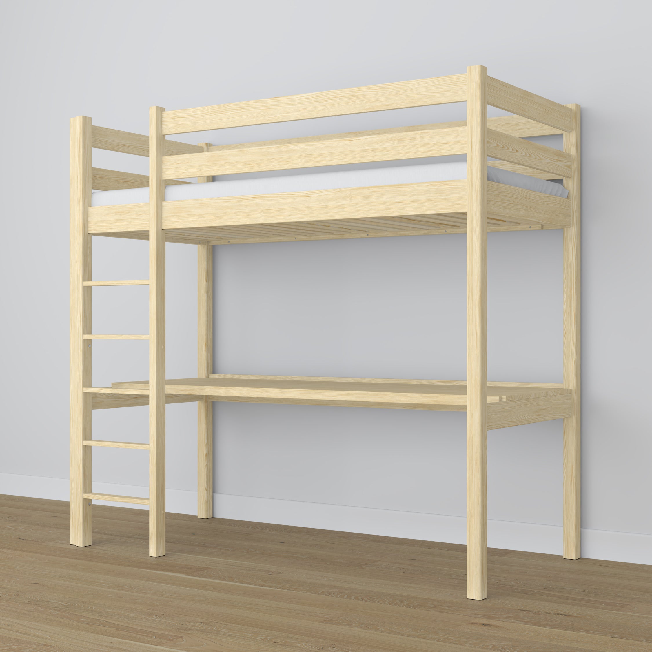 Hochbett mit Schreibtisch aus Holz Kiefer farblos – Leiter und Schutzgeländer