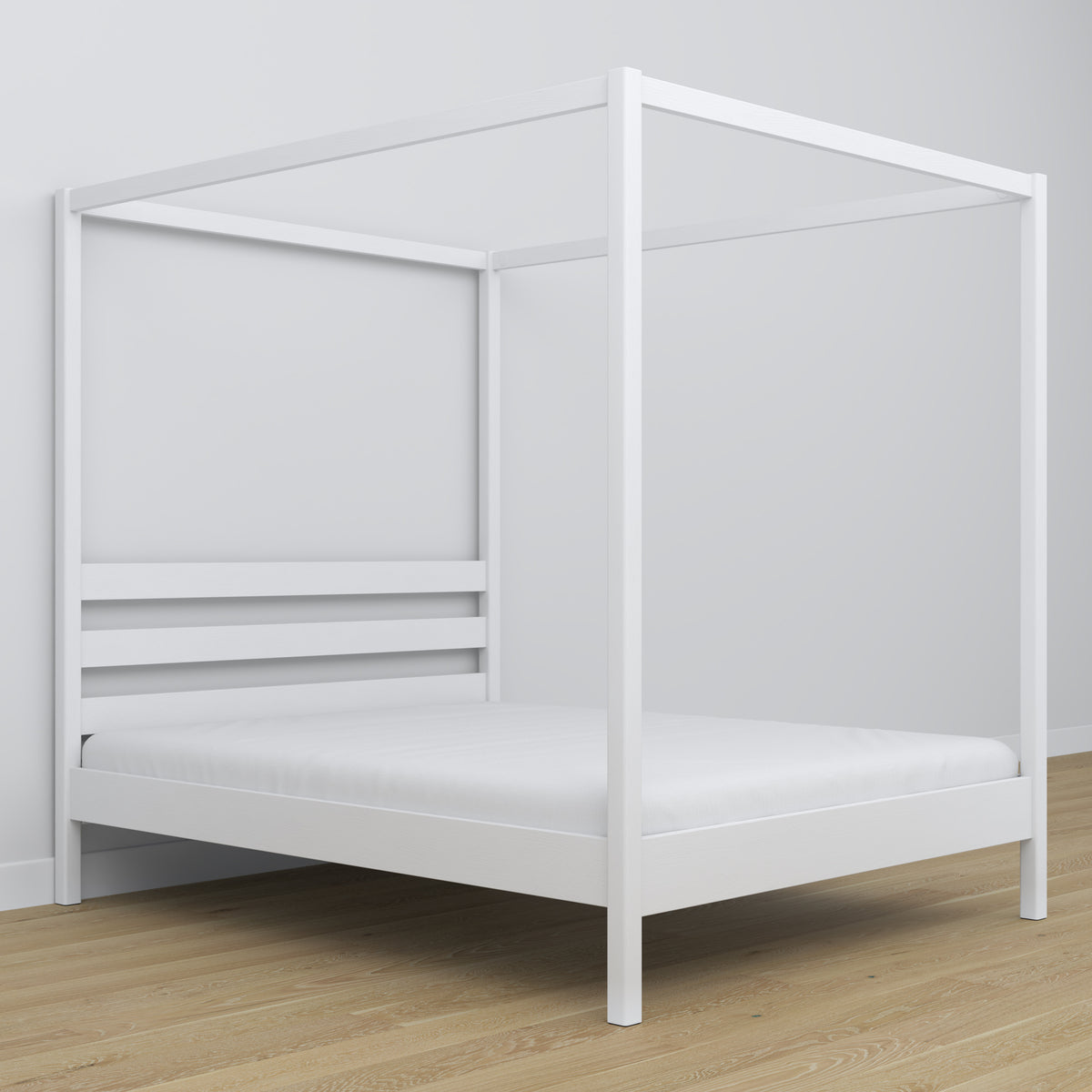 Double bed white with canopy – decorative wooden frame, scandi