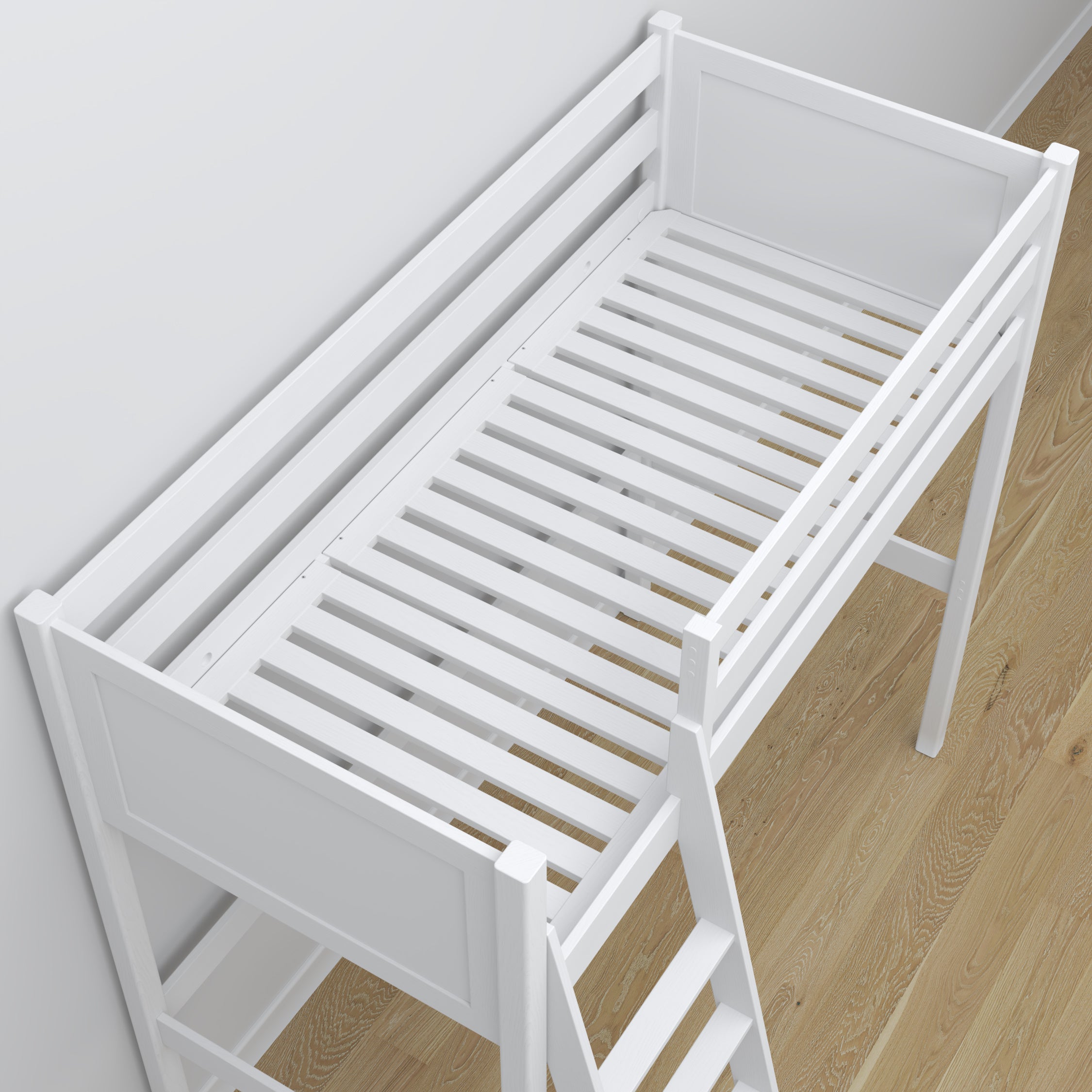 Loft bed white – wooden desk under the sleeping area, scandi children’s room