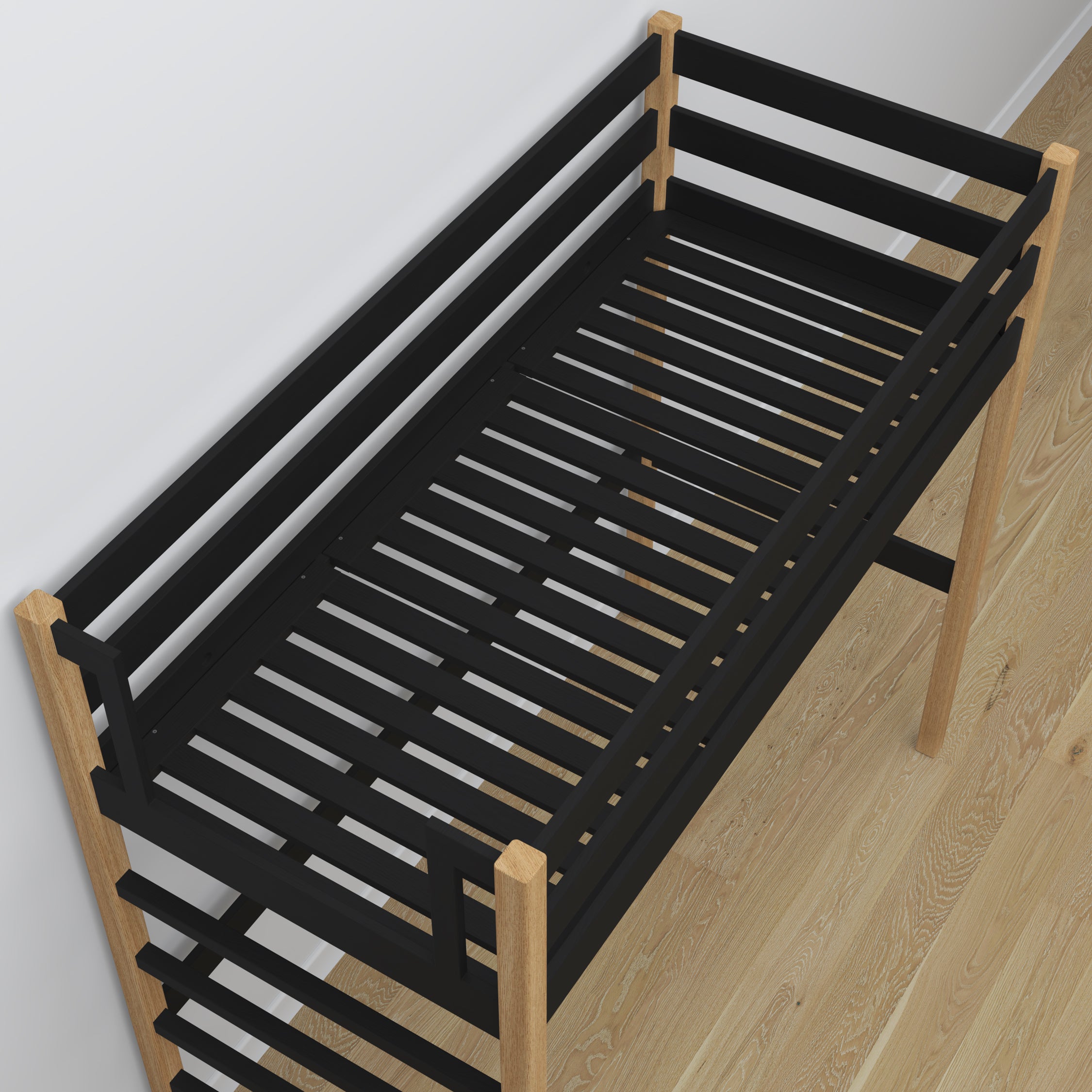 Hochbett aus Holz, Schwarz-Eiche – Details der Verbindungen und Leiter, Nizio Home