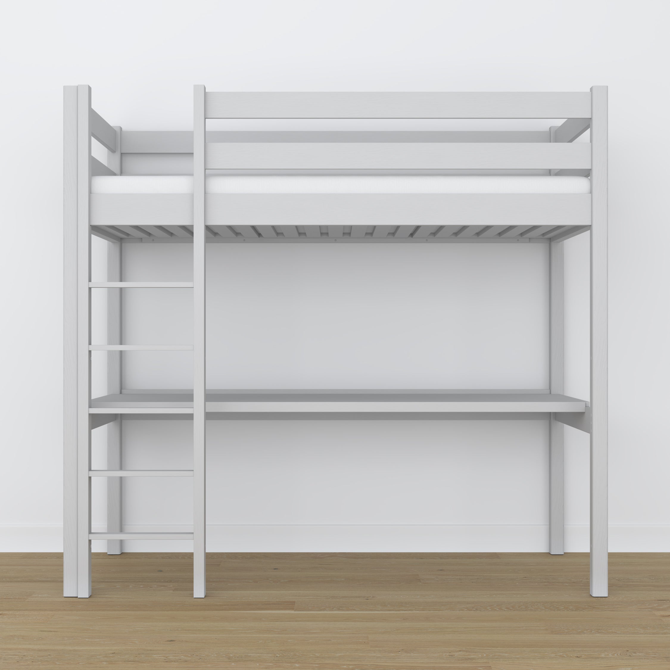 Loft bed grey wooden – top view of the sleeping area, Nizio