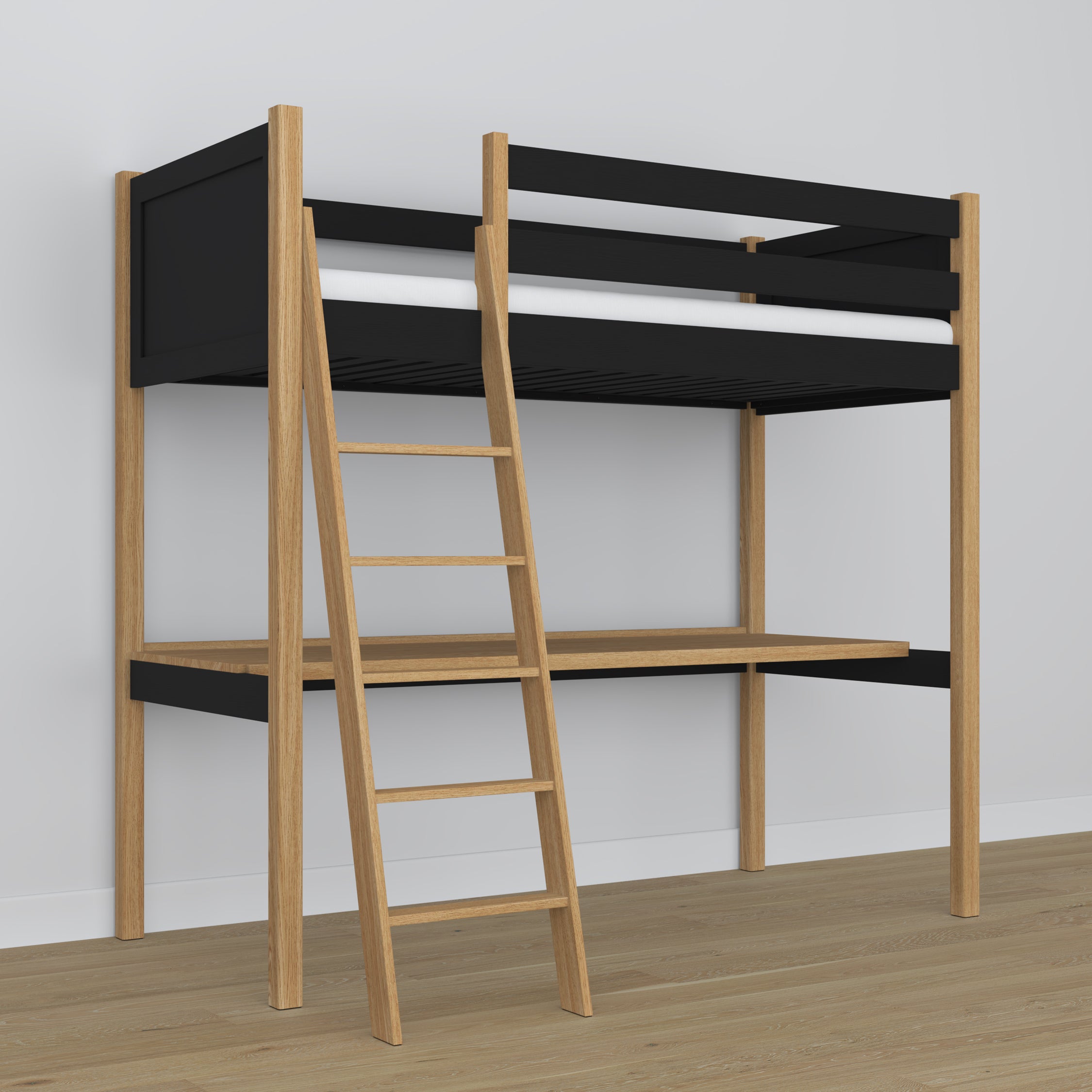 Hochbett mit Schreibtisch aus Holz schwarz-eiche – Details der Verbindungen und Leiter