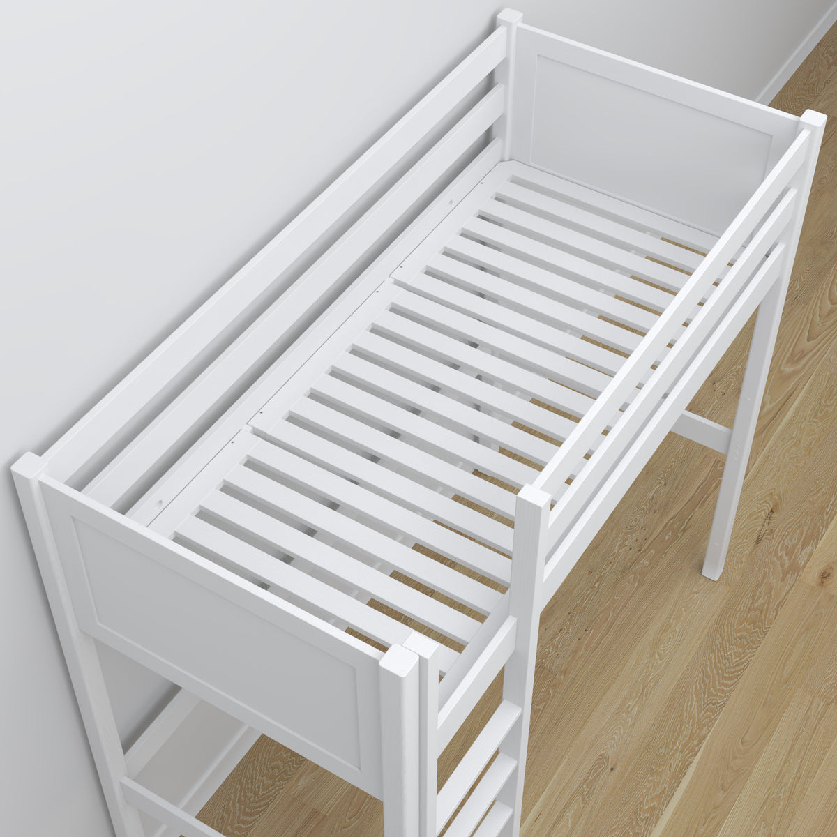 White Wooden Loft Bed with Desk – Ladder and Joint Details