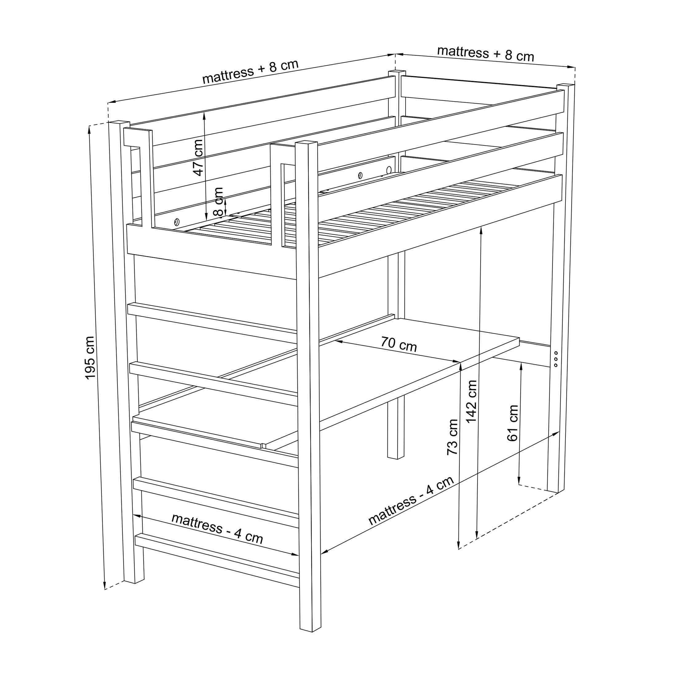 Hochbett mit Schreibtisch N01 RAL/NCS – aus Holz, Farbe an Innenraum angepasst, Nizio Home