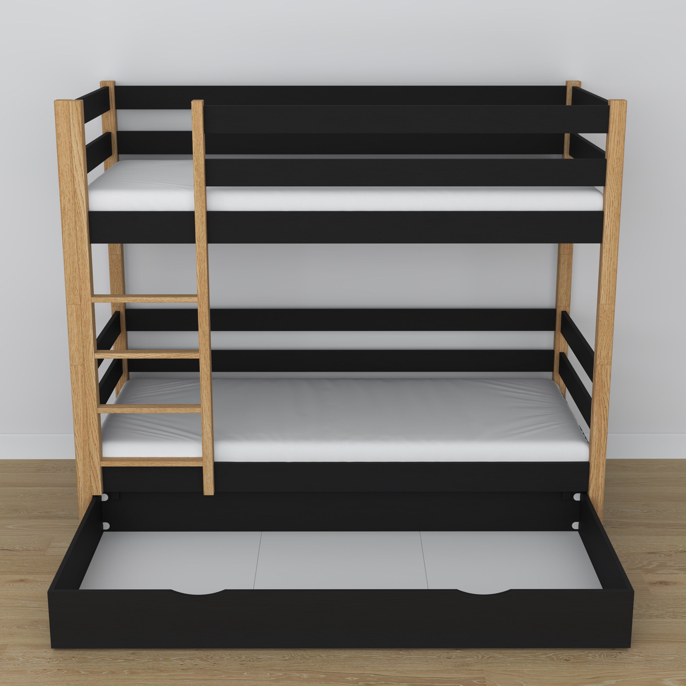 Holz-Etagenbett schwarz-eiche mit Schublade – Maße und Schema, Nizio