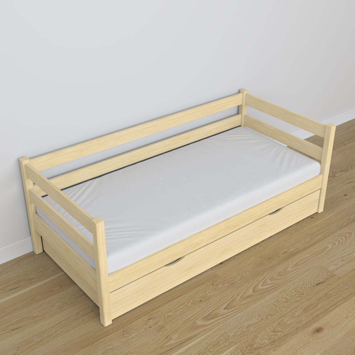 Wooden sofa bed with drawer clear pine – scandi child’s room arrangement