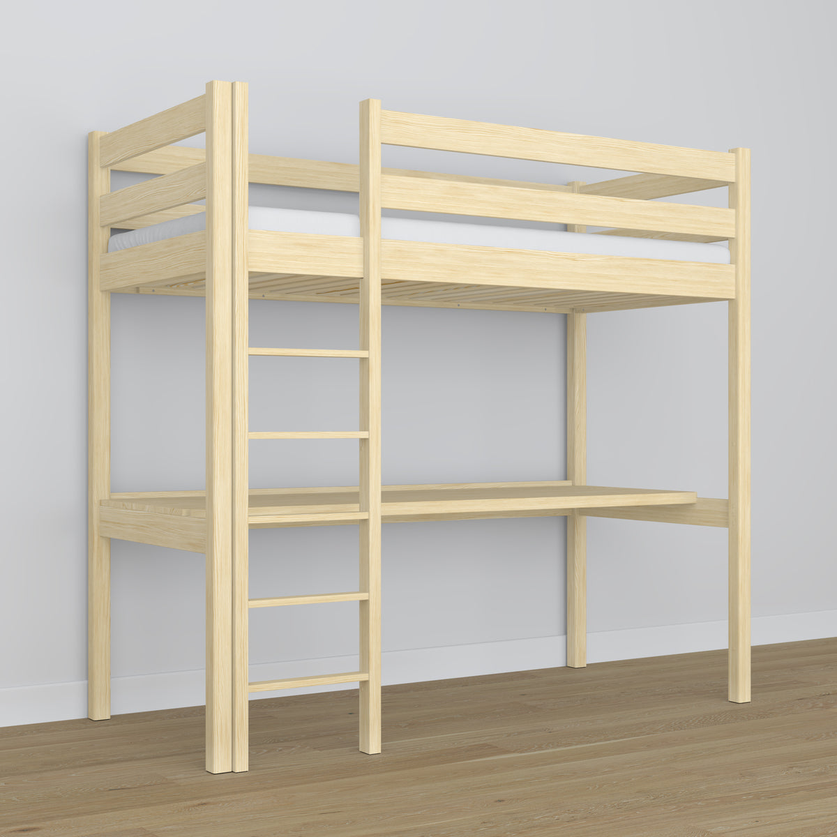 Hochbett Kiefer farblos – Holzschreibtisch unter dem Schlafbereich, Kinderzimmer Scandi