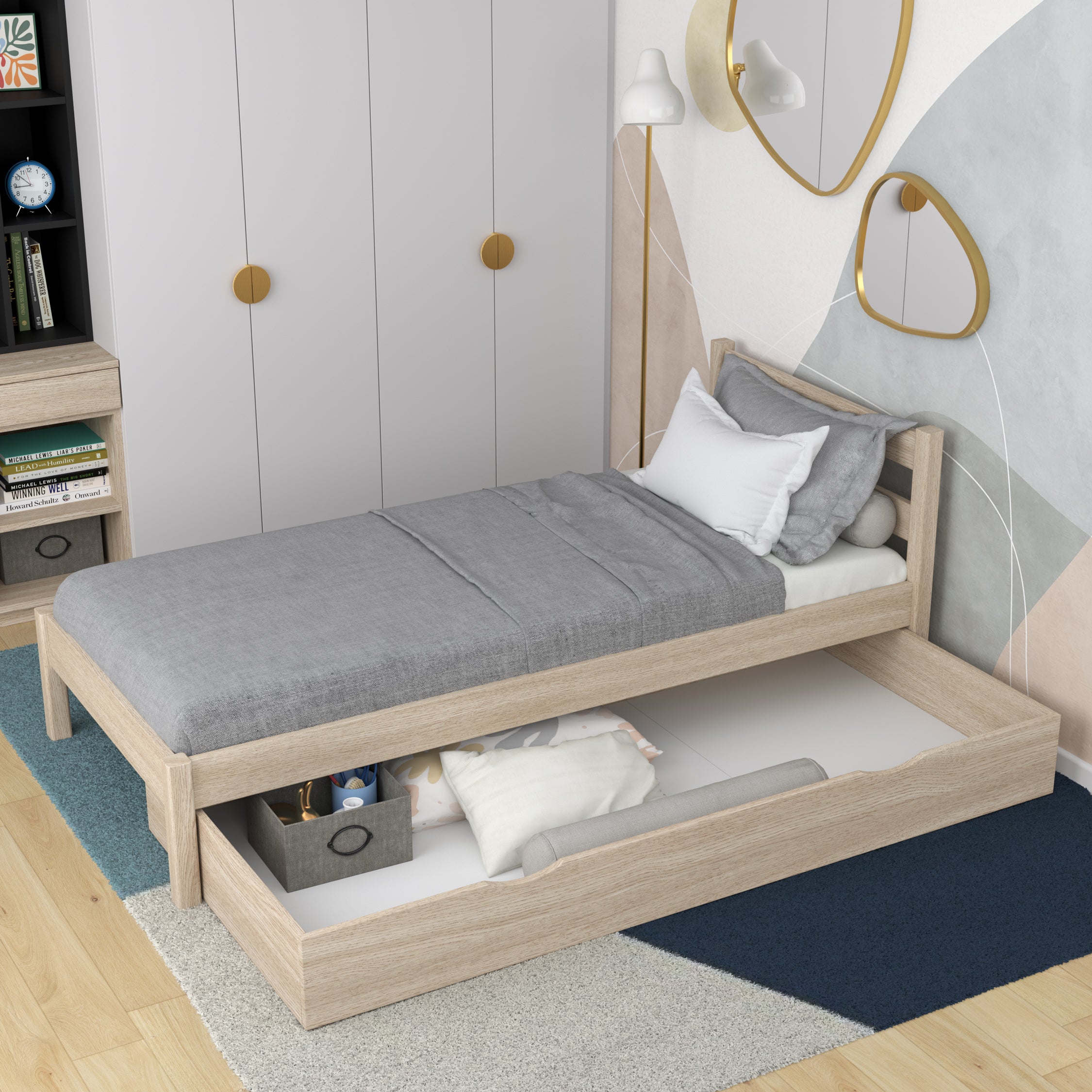 Bett eiche gebleicht mit Schublade – geräumiges Staufach, aus Eiche, für Kinder Nizio