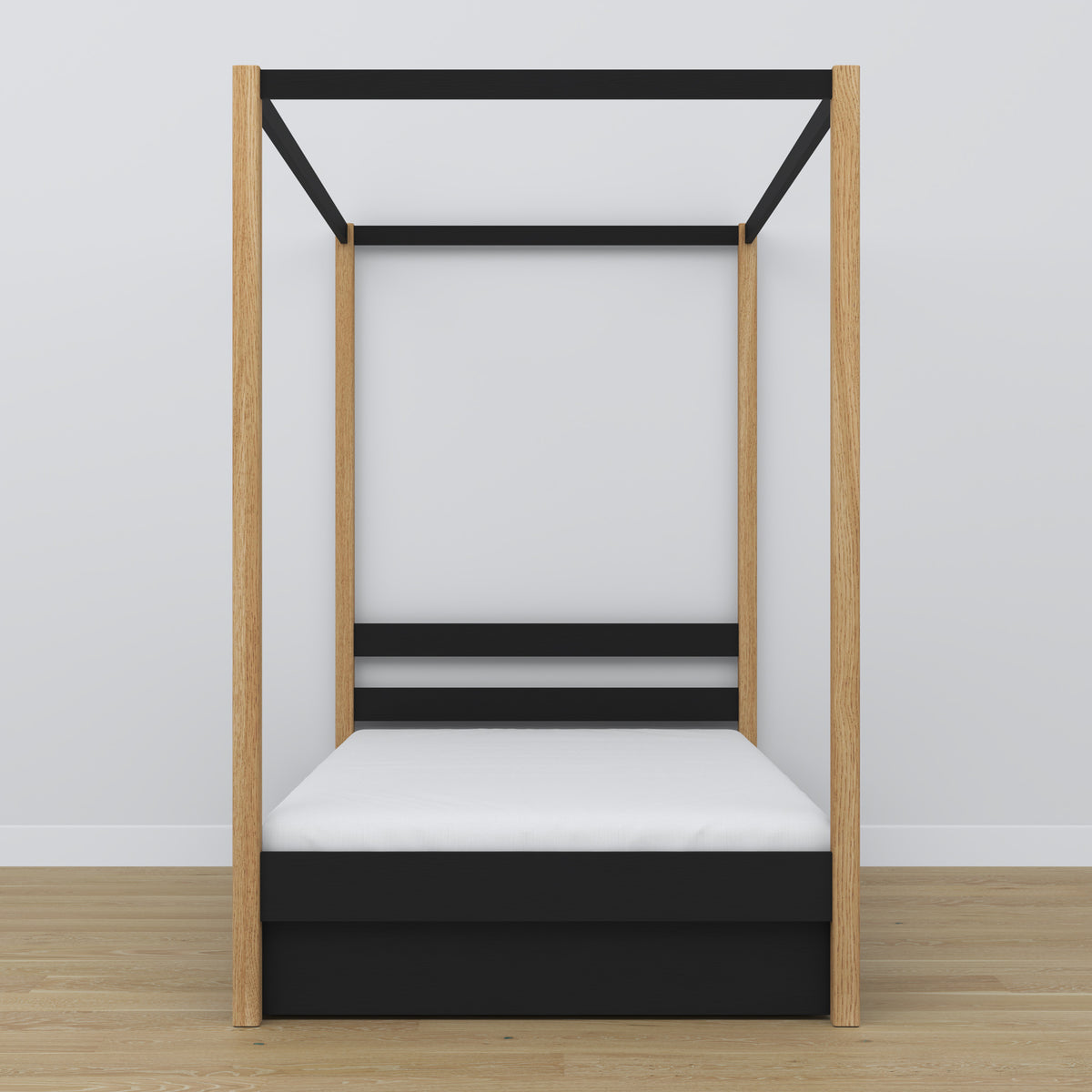 Bett Schwarz-Eiche mit Baldachin – offene Schublade, aus Holz, Nizio Home