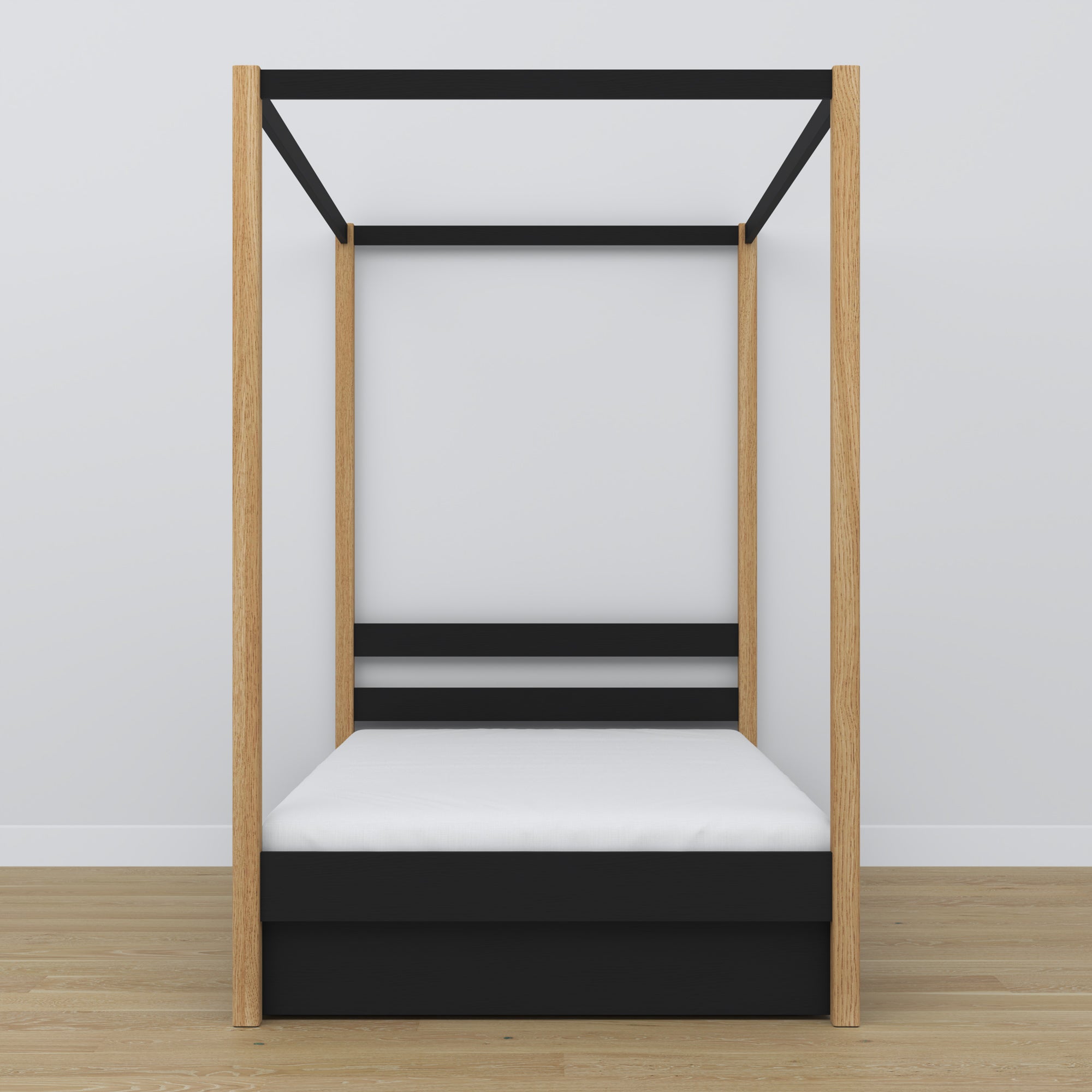 Bett Schwarz-Eiche mit Baldachin – offene Schublade, aus Holz, Nizio Home