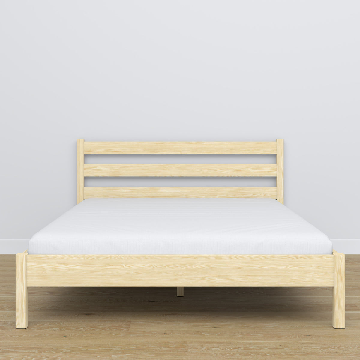 Doppelbett Holz Kiefer farblos – Seitenansicht, Proportionen und Form, Schlafzimmer