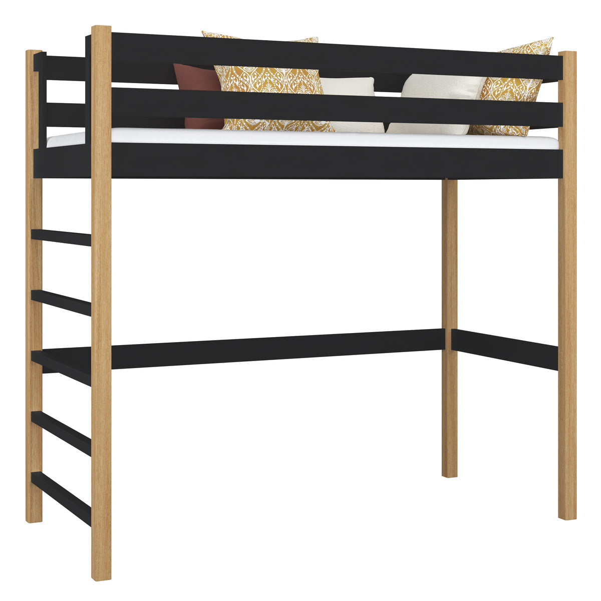 Hochbett schwarz-eiche – Leiter und Rausfallschutz aus Holz, Nizio Home