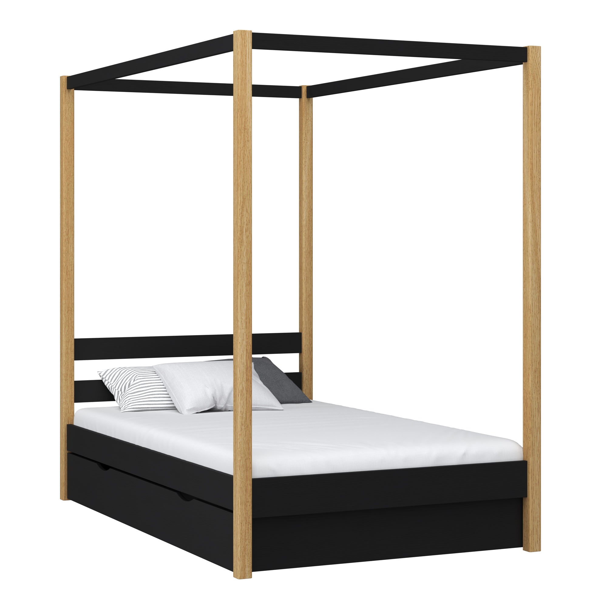 Himmelbett mit Baldachin und Schublade Holz Schwarz-Eiche – Kinderzimmer, Scandi-Stil