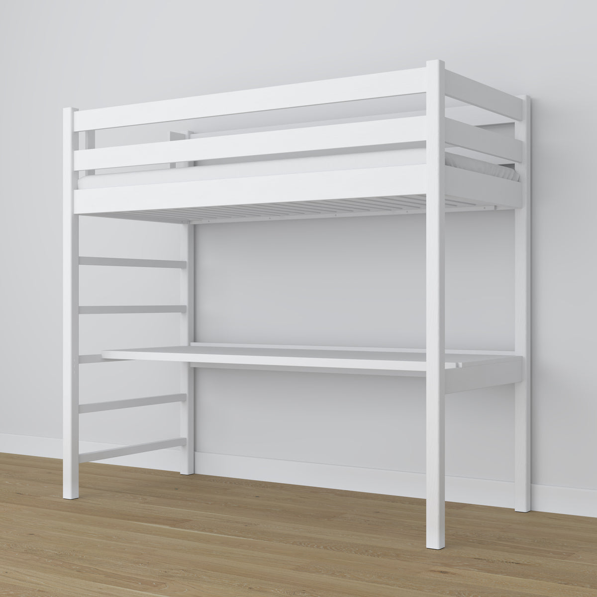 Loft bed white wooden – top view of the sleeping area, Nizio