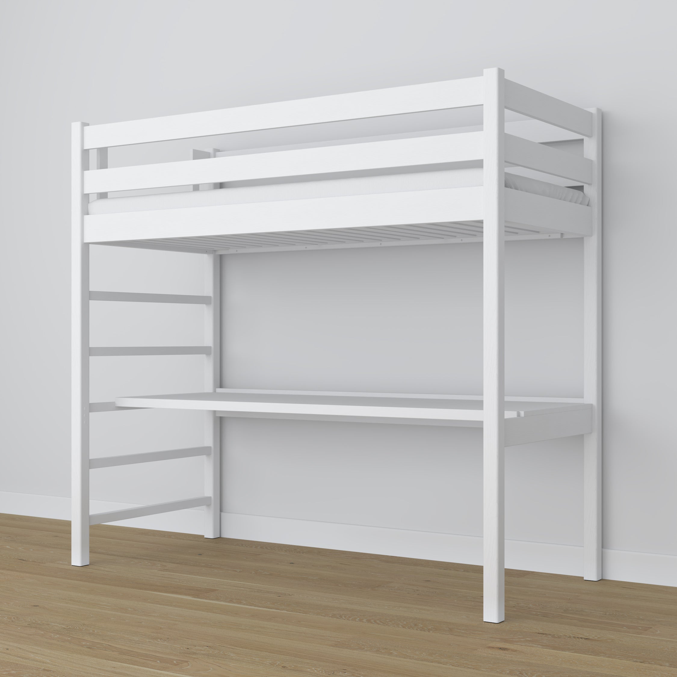 Loft bed white wooden – top view of the sleeping area, Nizio
