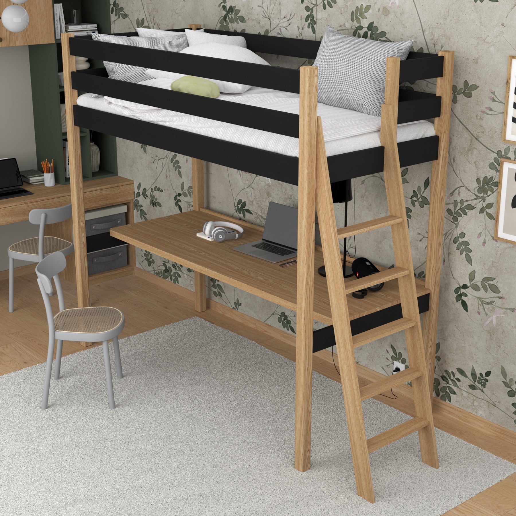 Hochbett schwarz-eiche – Holzschreibtisch unter dem Schlafbereich, Kinderzimmer scandi
