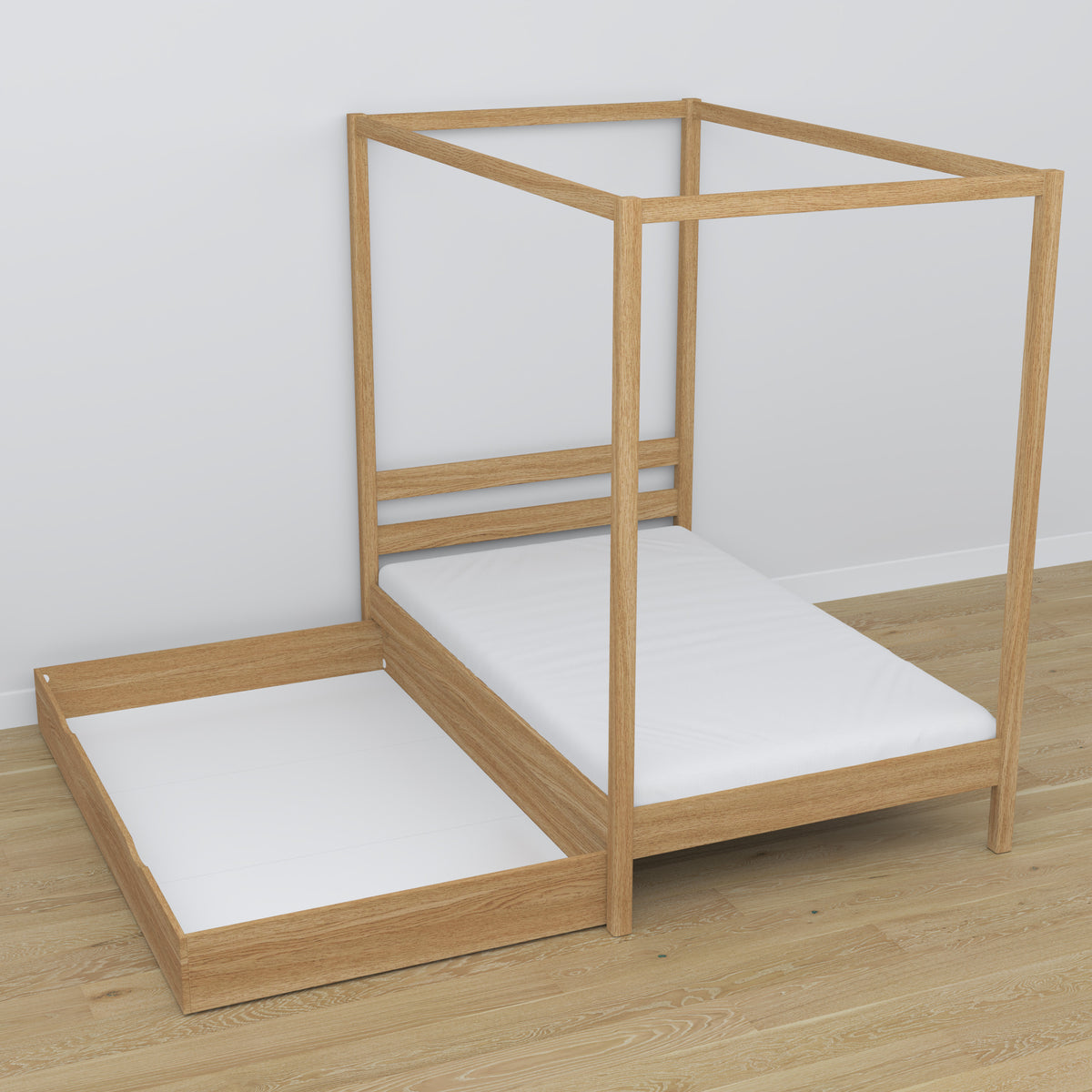 Bett Natureiche mit Baldachin und Schublade – Seitenansicht, Eiche
