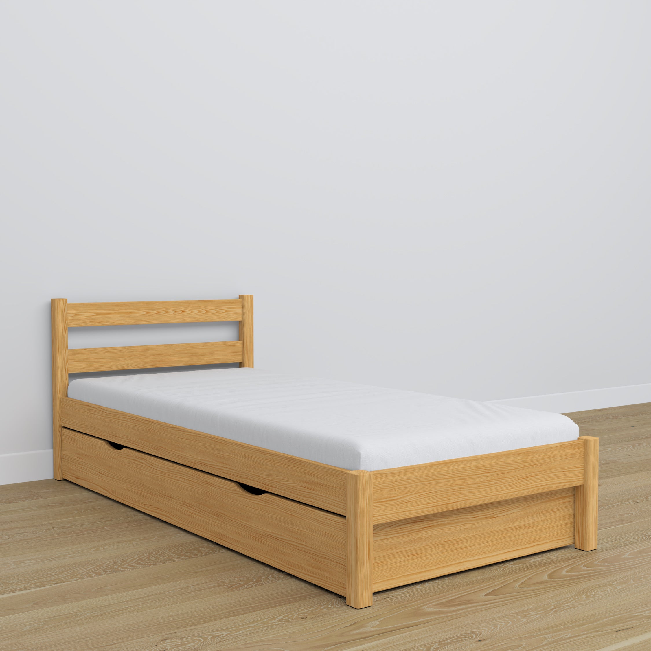 Bett Kiefer natur mit Schublade – Führungsschienen und Holzdetails, Nizio