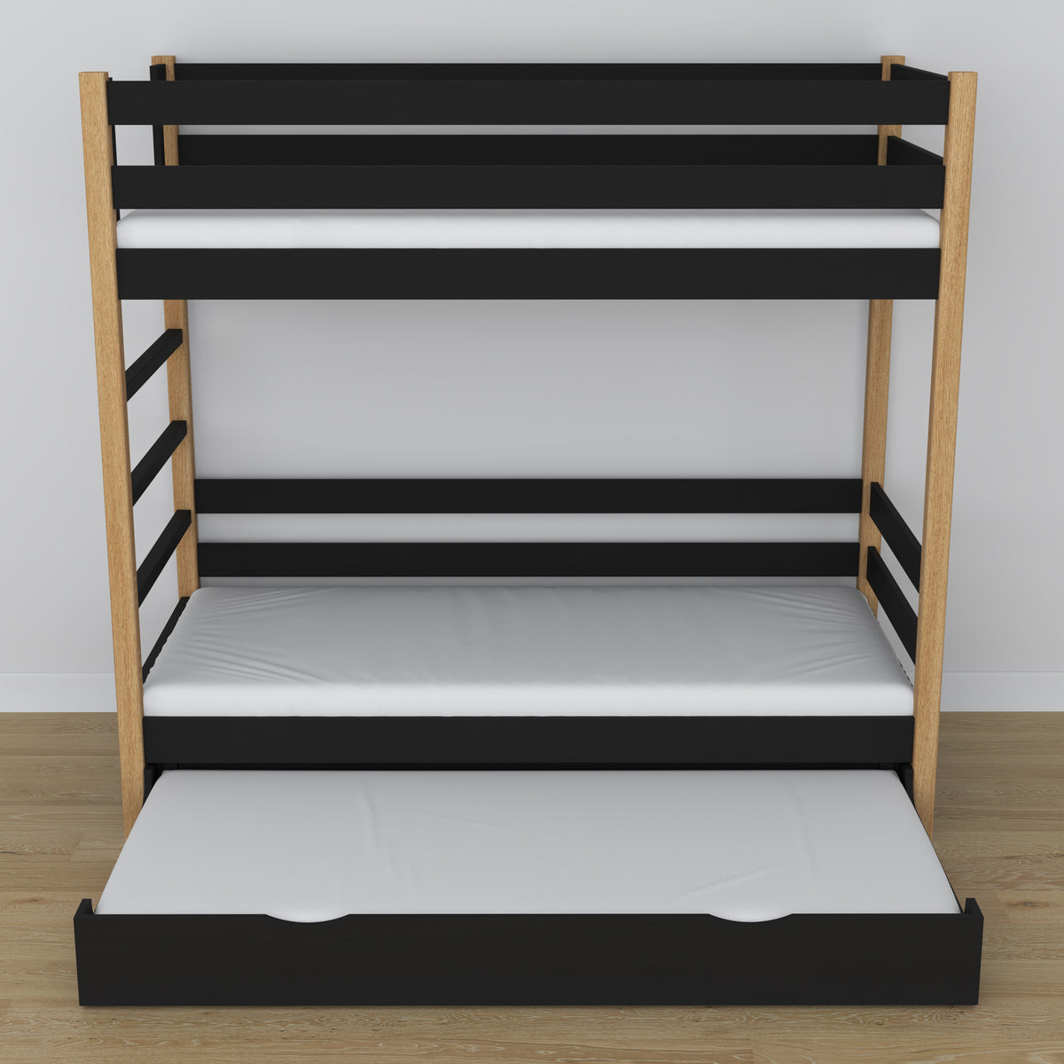 Holz-Etagenbett schwarz-eiche – Maße und Schema mit Matratzen-Schublade