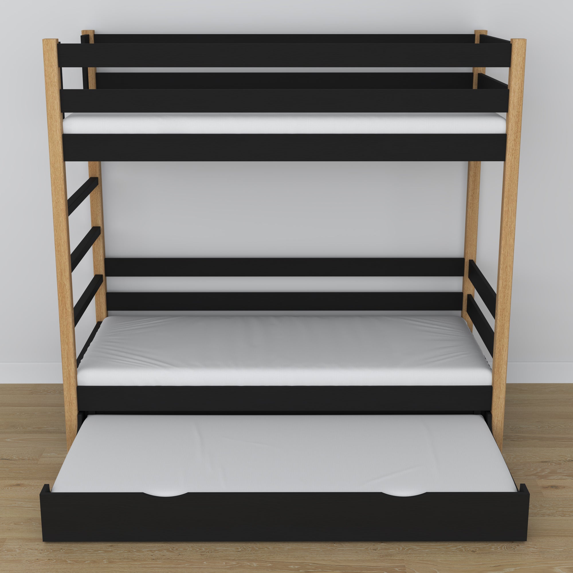 Holz-Etagenbett schwarz-eiche – Maße und Schema mit Matratzen-Schublade