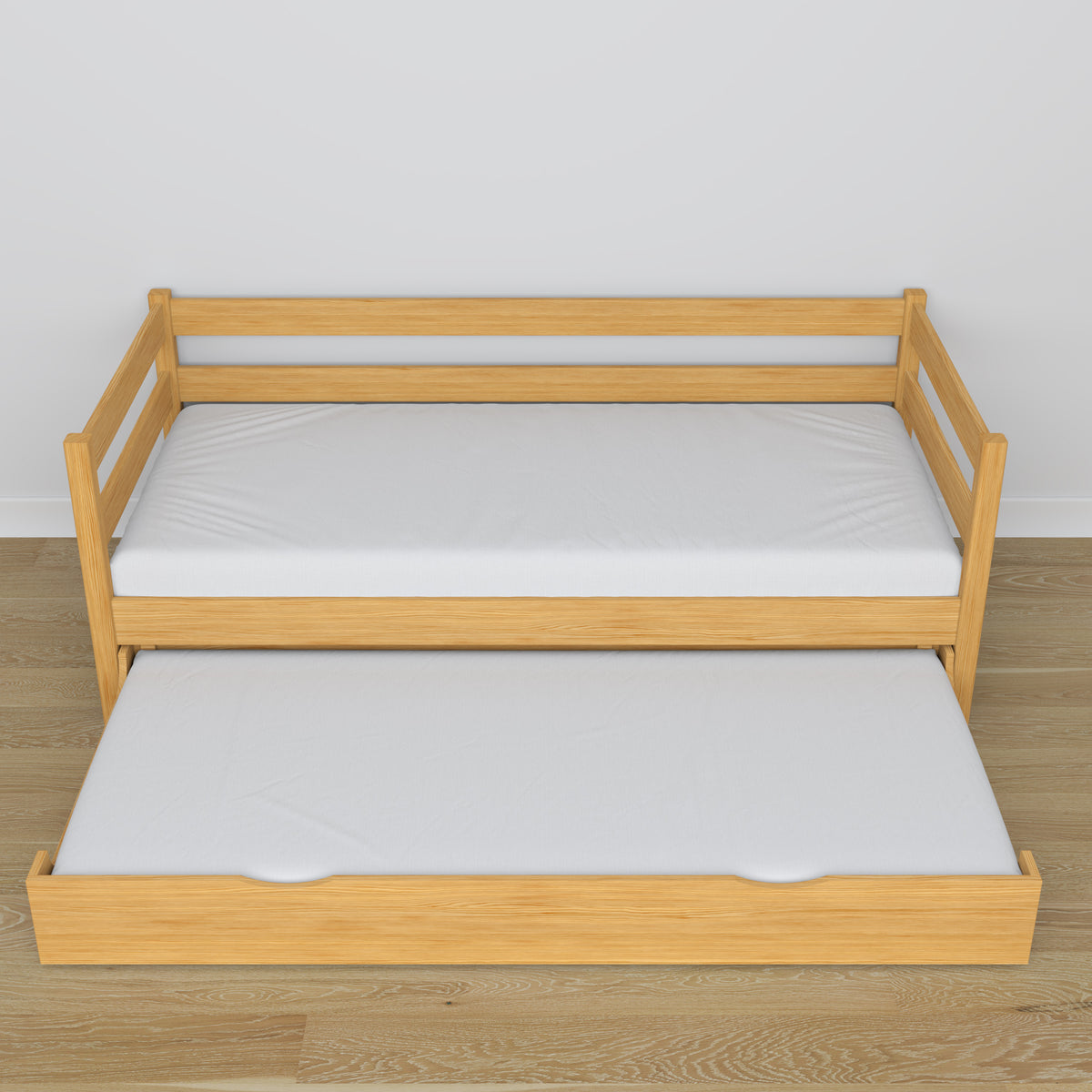 Natural pine sofa bed with mattress drawer made of wood – dimensions, Nizio